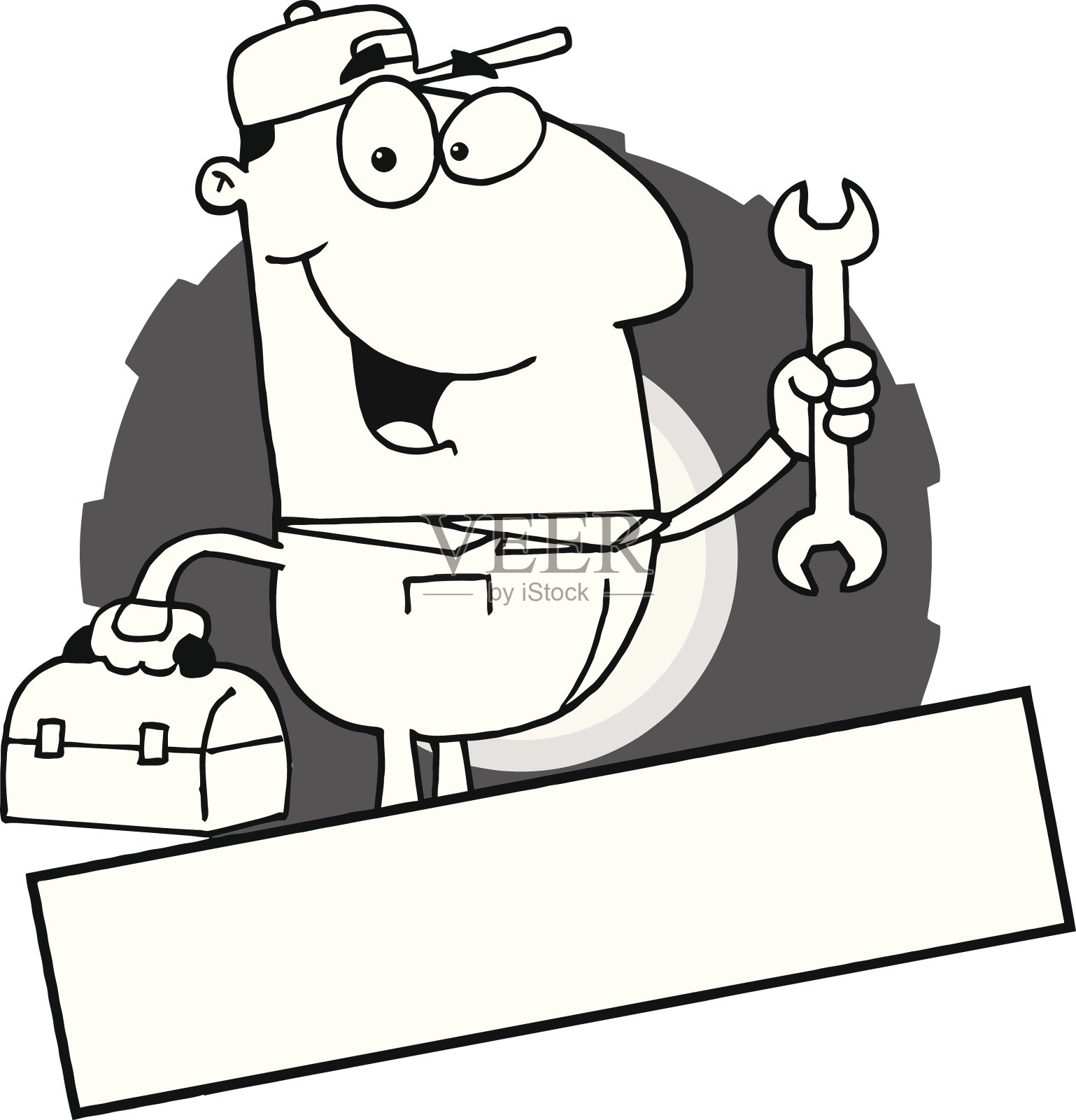 黑白机修工拿着扳手插画图片素材