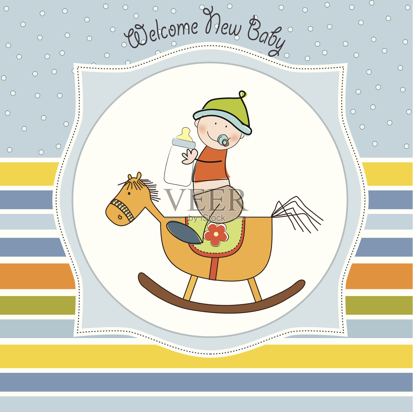 小男孩淋浴和木马玩具设计模板素材