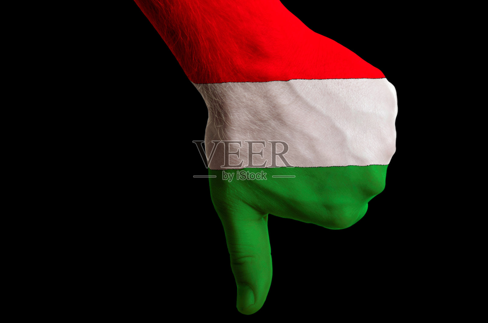 匈牙利国旗上的拇指向下的手势表示失败照片摄影图片