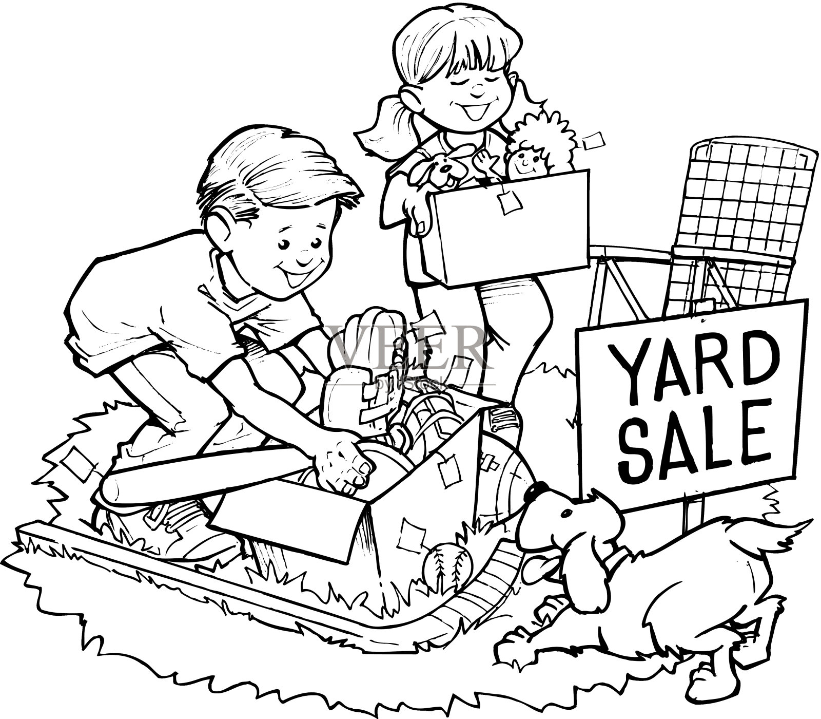 孩子庭院旧货出售插画图片素材