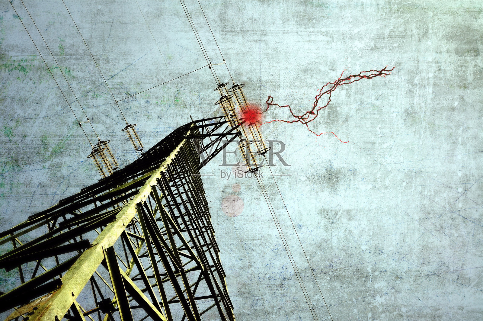 电力塔与电击的垃圾形象。照片摄影图片