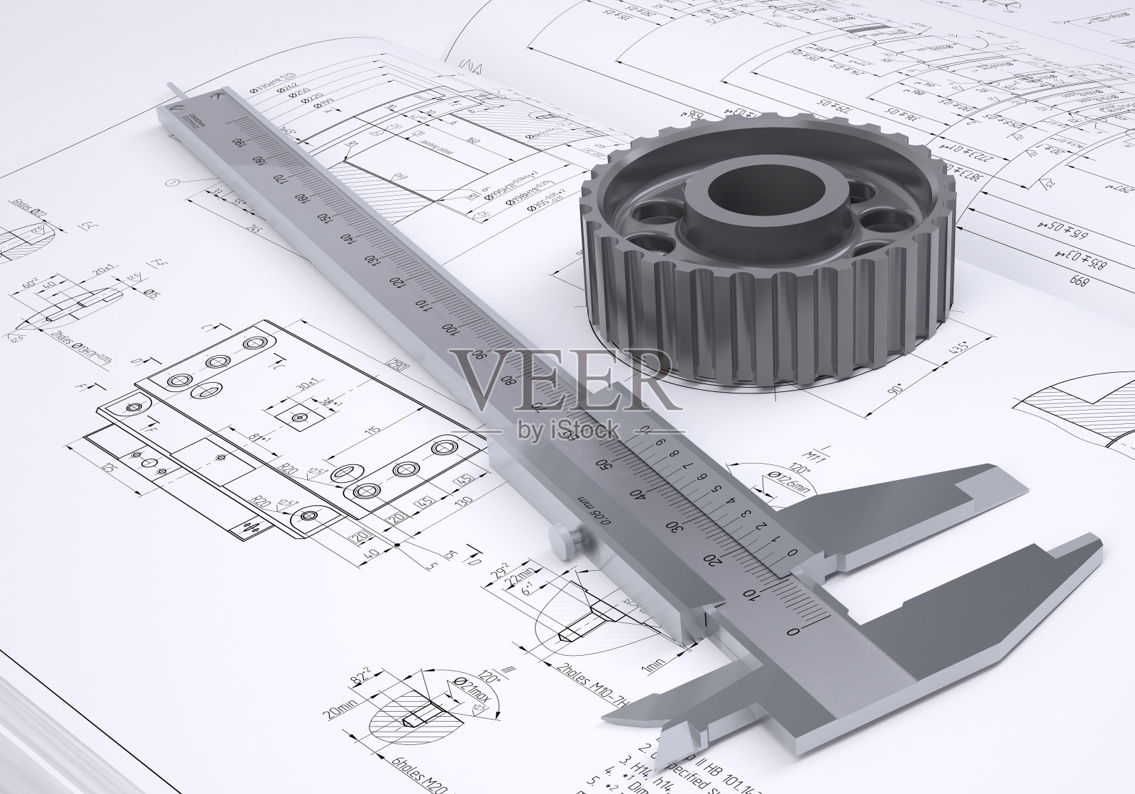 图纸中的卡尺和齿轮照片摄影图片