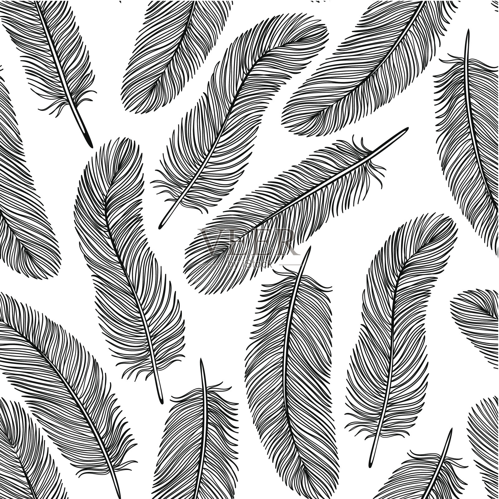 黑白羽毛无缝背景。设计元素图片