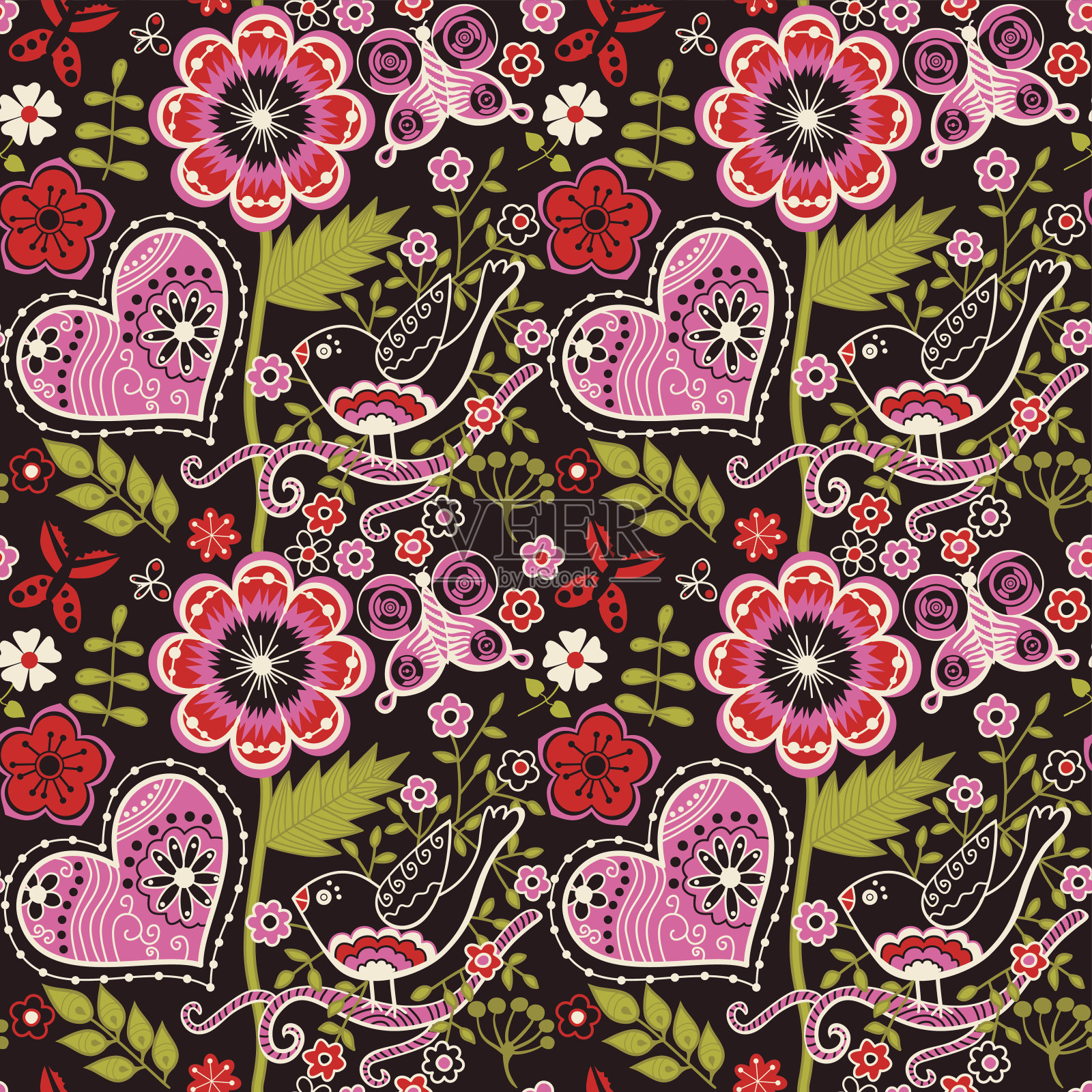 无缝纹理与花，鸟和蝴蝶。插画图片素材