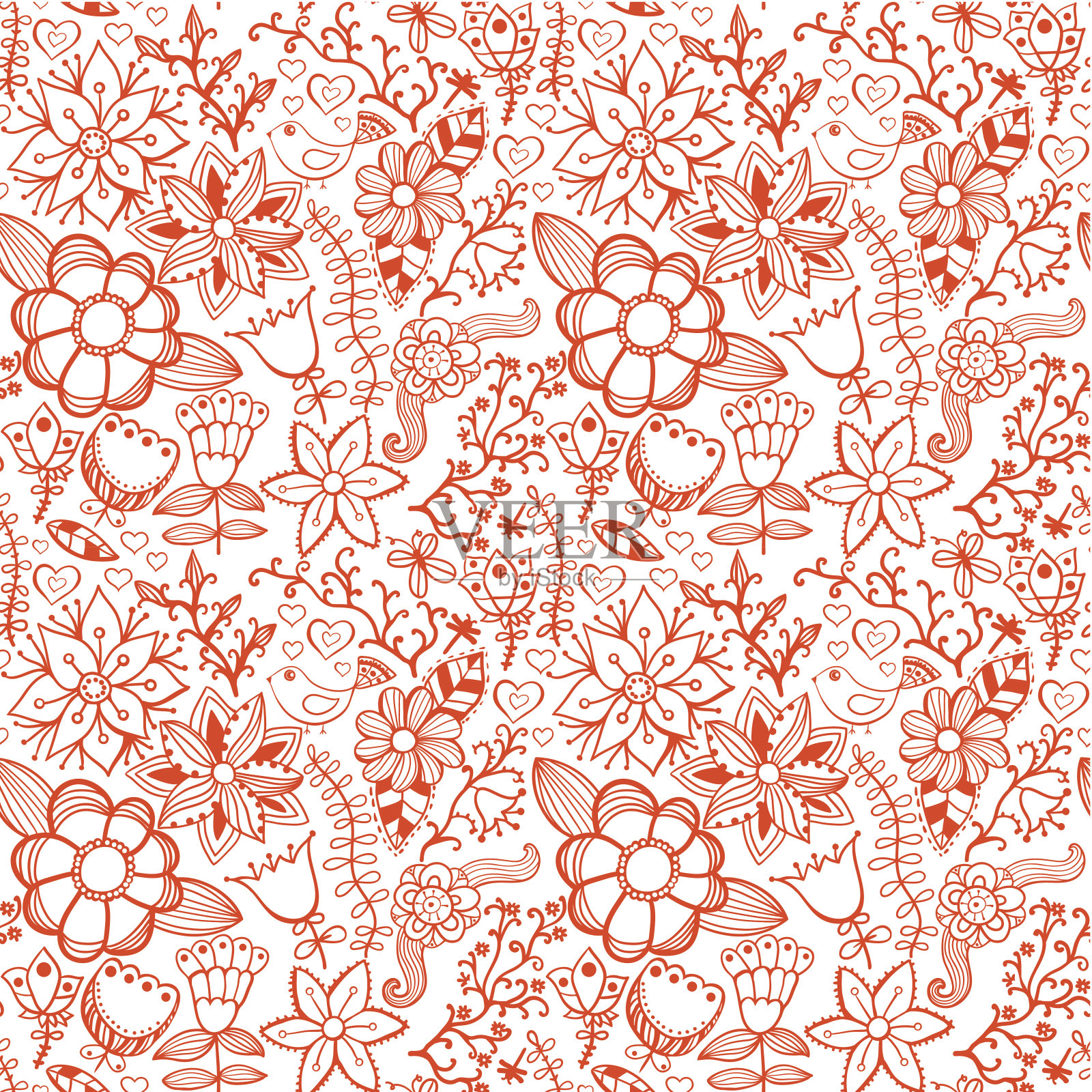 无缝纹理与花，鸟和蝴蝶插画图片素材