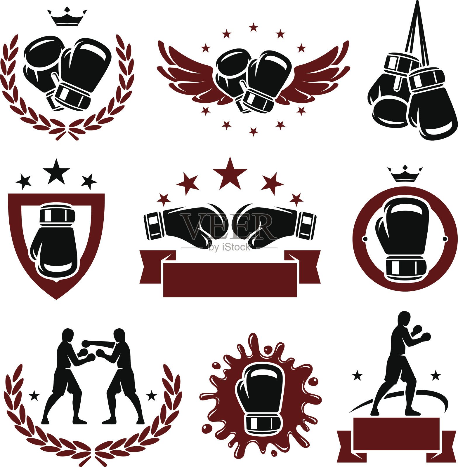 红色和黑色的拳击手套图标和标签插画图片素材