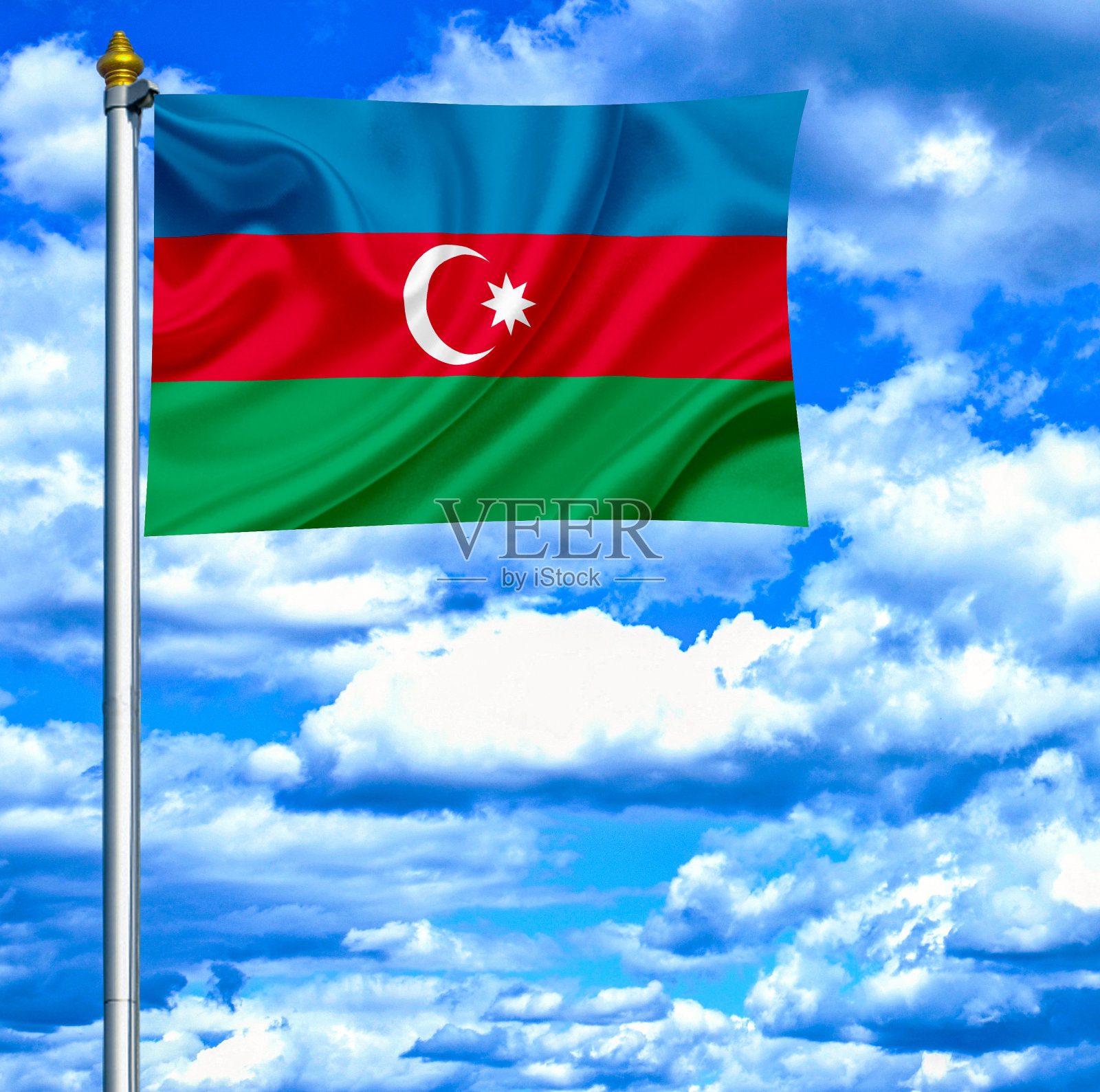 阿塞拜疆在蓝天下挥舞着旗帜照片摄影图片