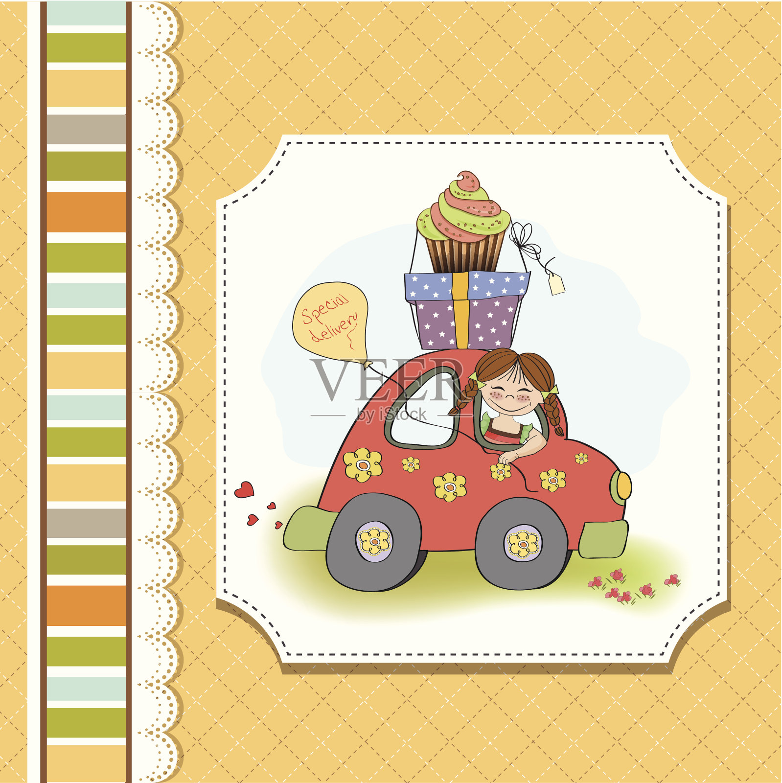 生日贺卡和有趣的小女孩插画图片素材