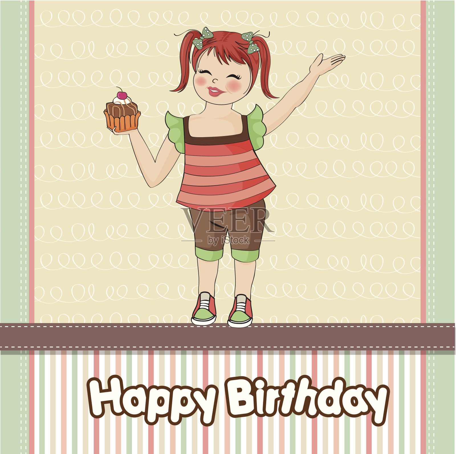 有女孩和大蛋糕的生日贺卡设计模板素材