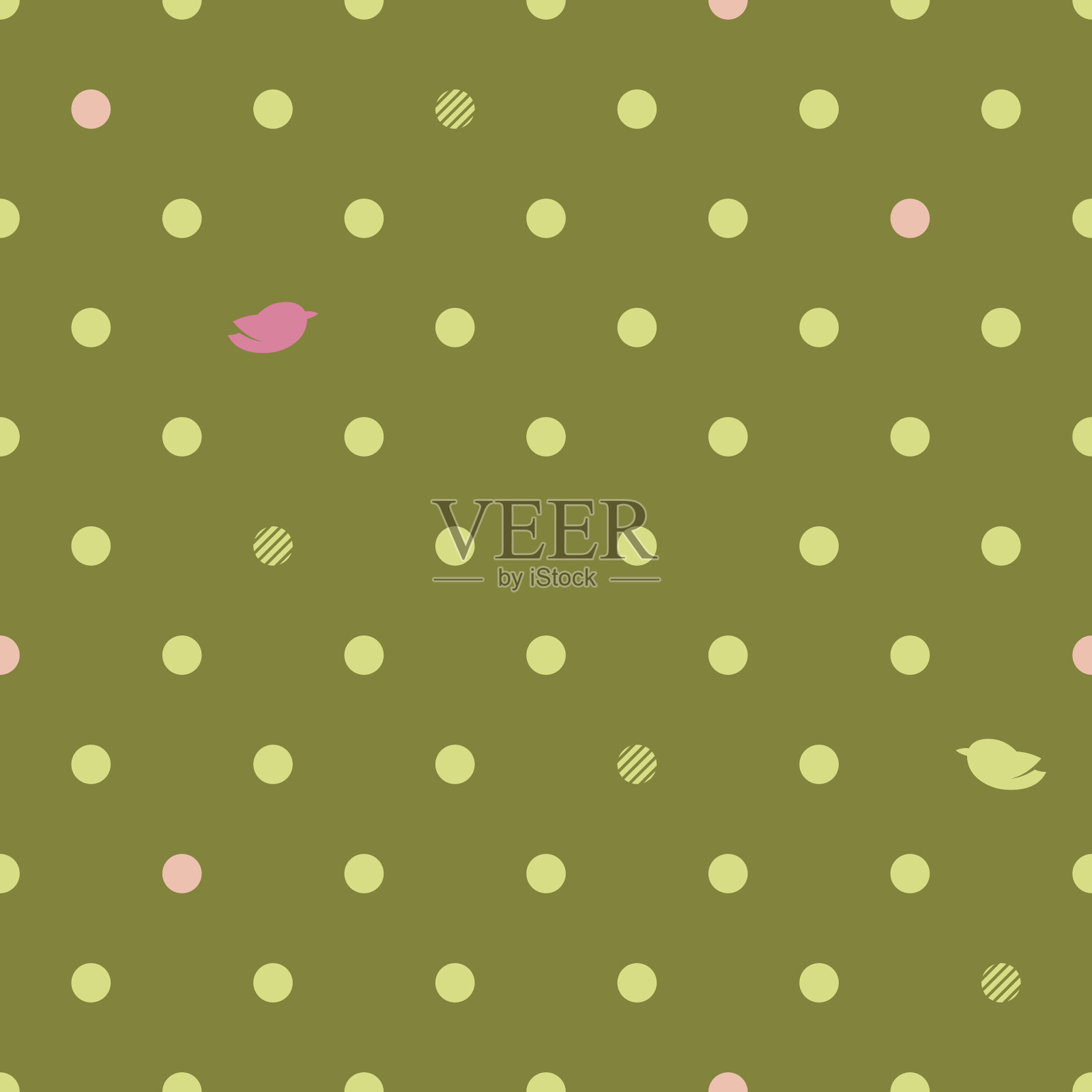 圆点与鸟无缝图案-绿色和粉红色。插画图片素材