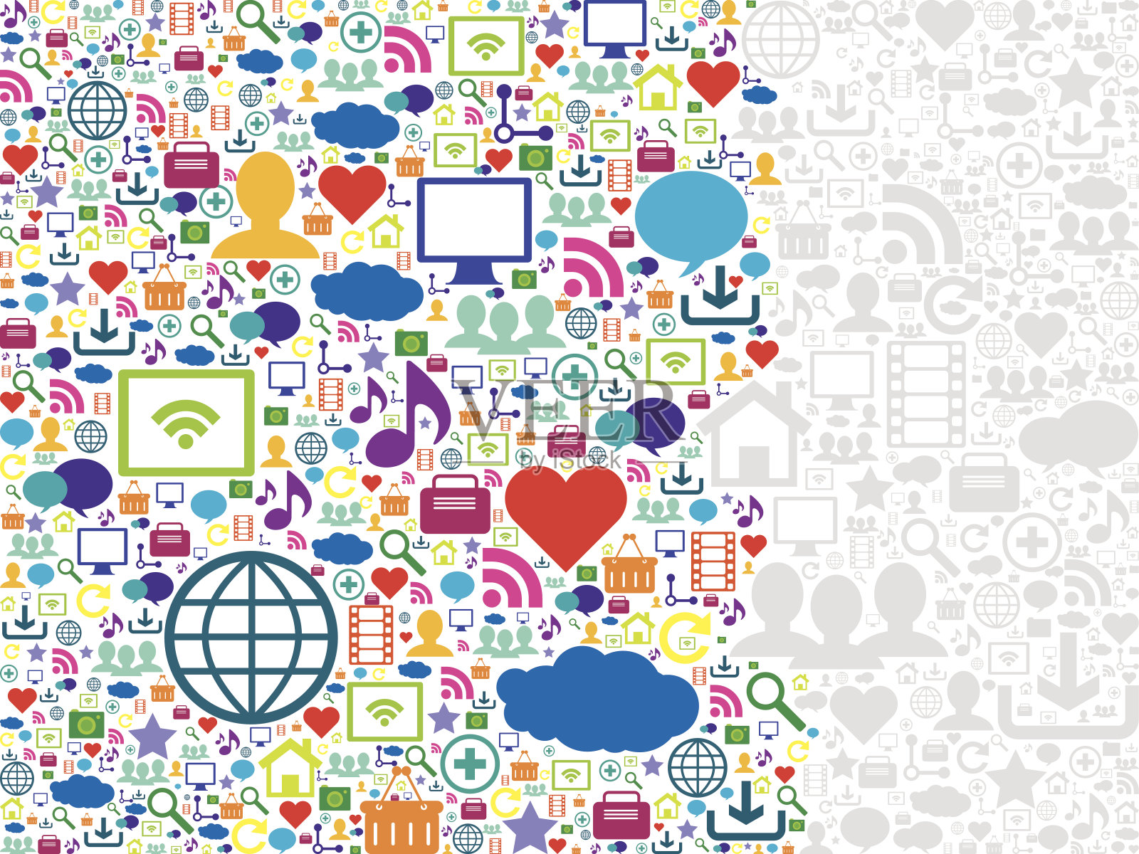 五彩缤纷的社交媒体和科技图标逐渐变成灰色图标素材