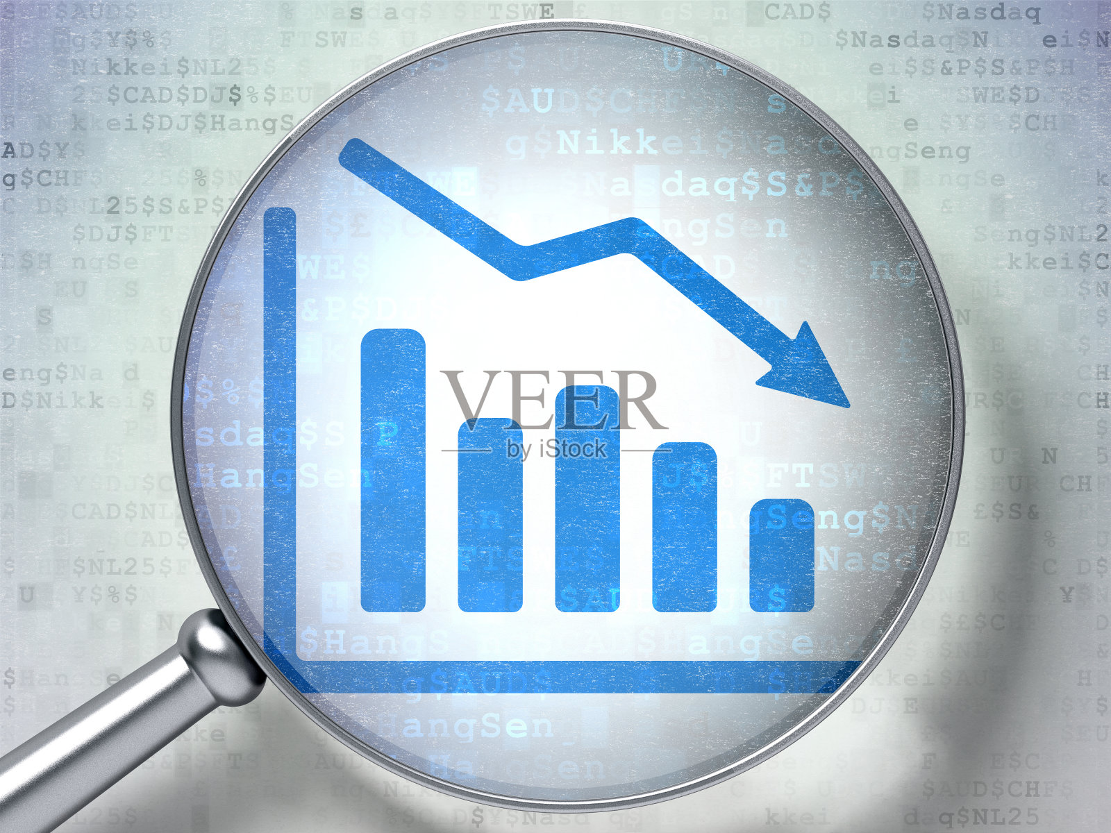 金融概念:衰落图与光学玻璃在数字背景照片摄影图片