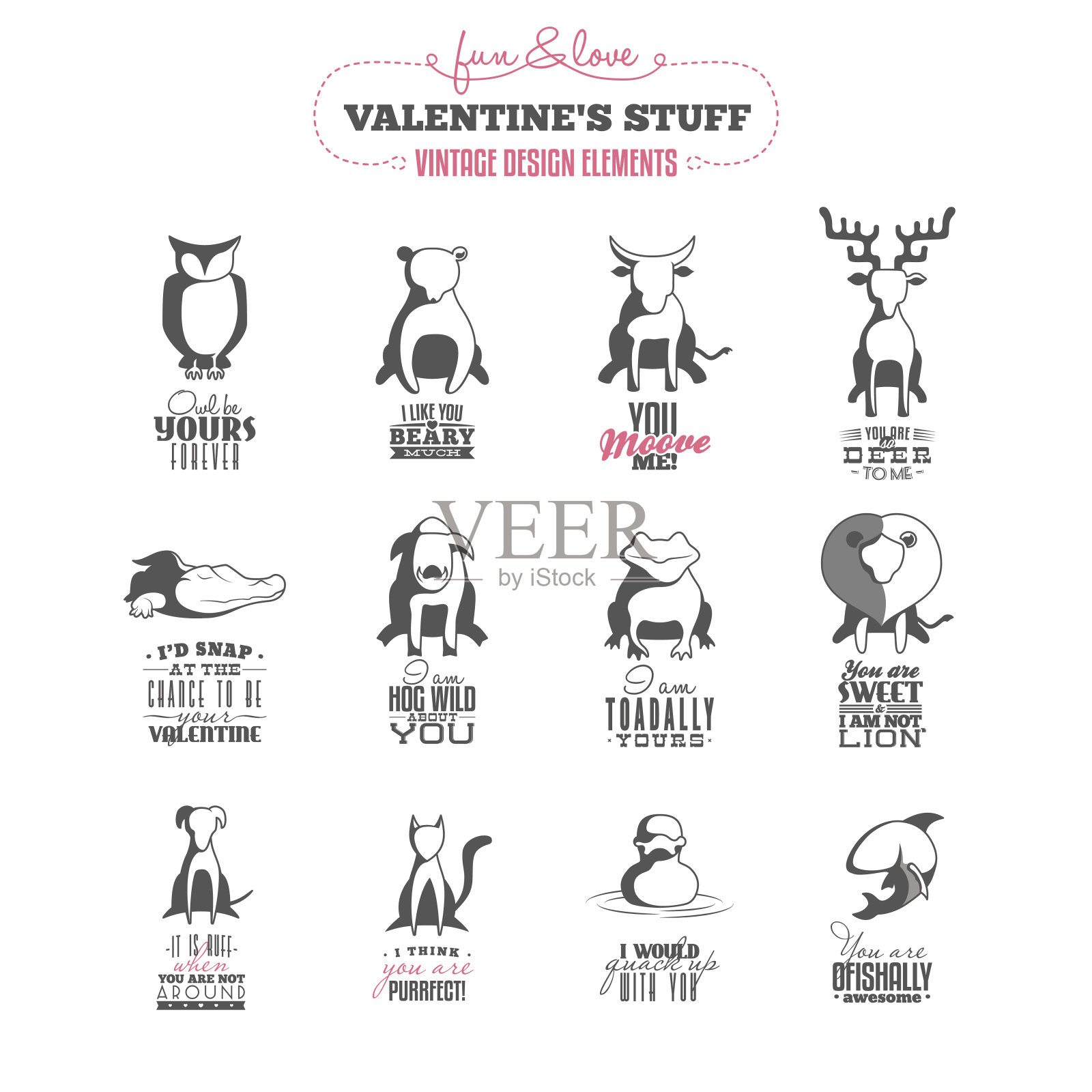 一套复古的情人节设计元素插画图片素材