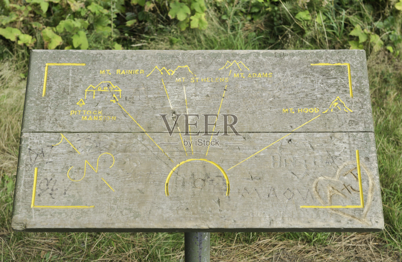 指向标志在展望霍伊特植物园，波特兰，俄勒冈州照片摄影图片