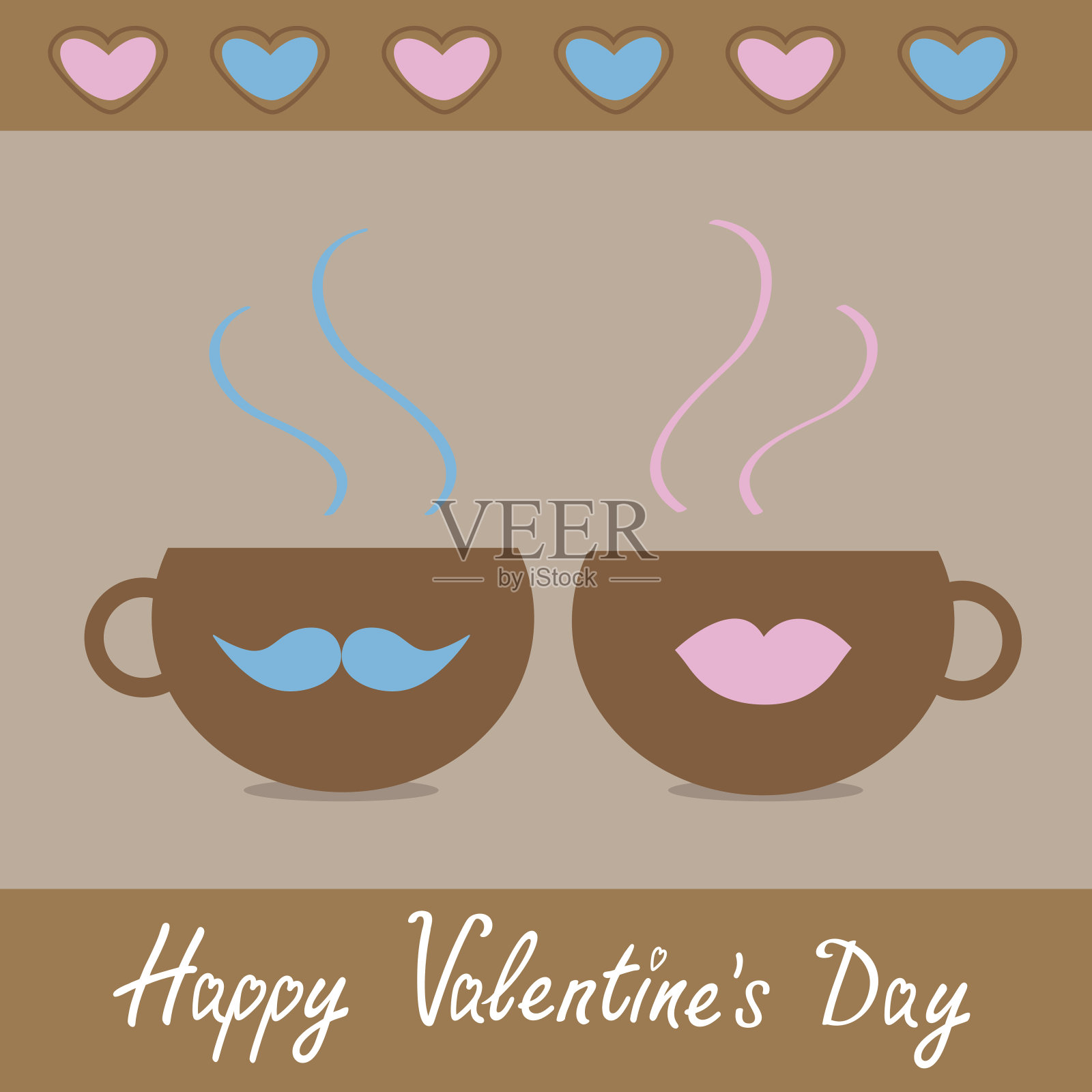 两个有胡子，嘴唇和爱心的茶杯。快乐情人节插画图片素材