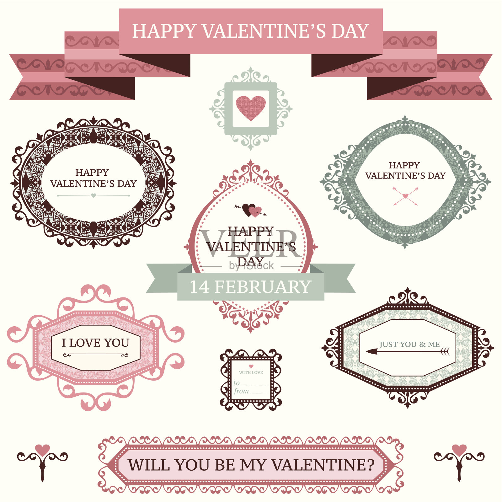 矢量集情人节复古设计元素插画图片素材