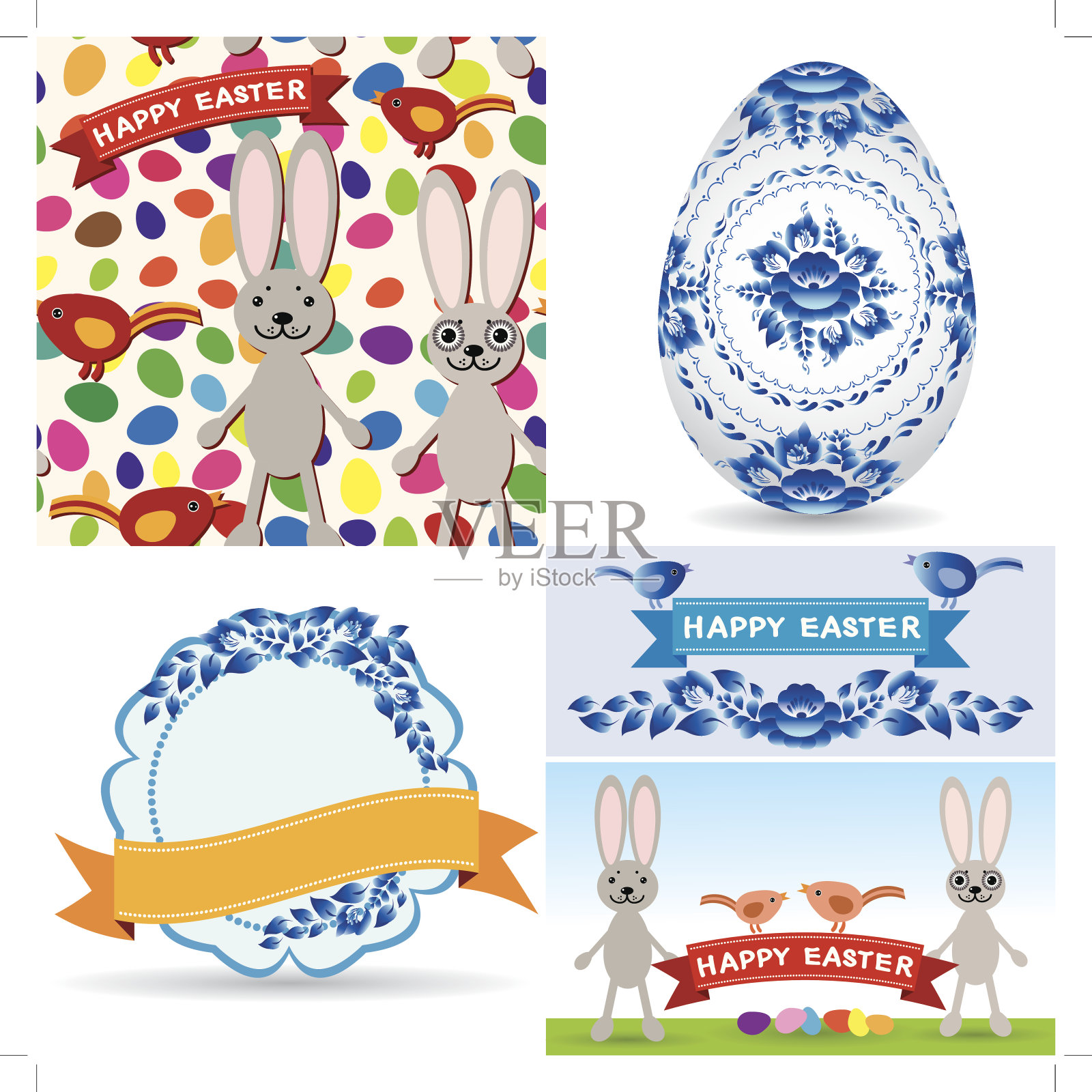 复活节集蛋、花、鸟、兔子、图案、标签、丝带。设计模板素材