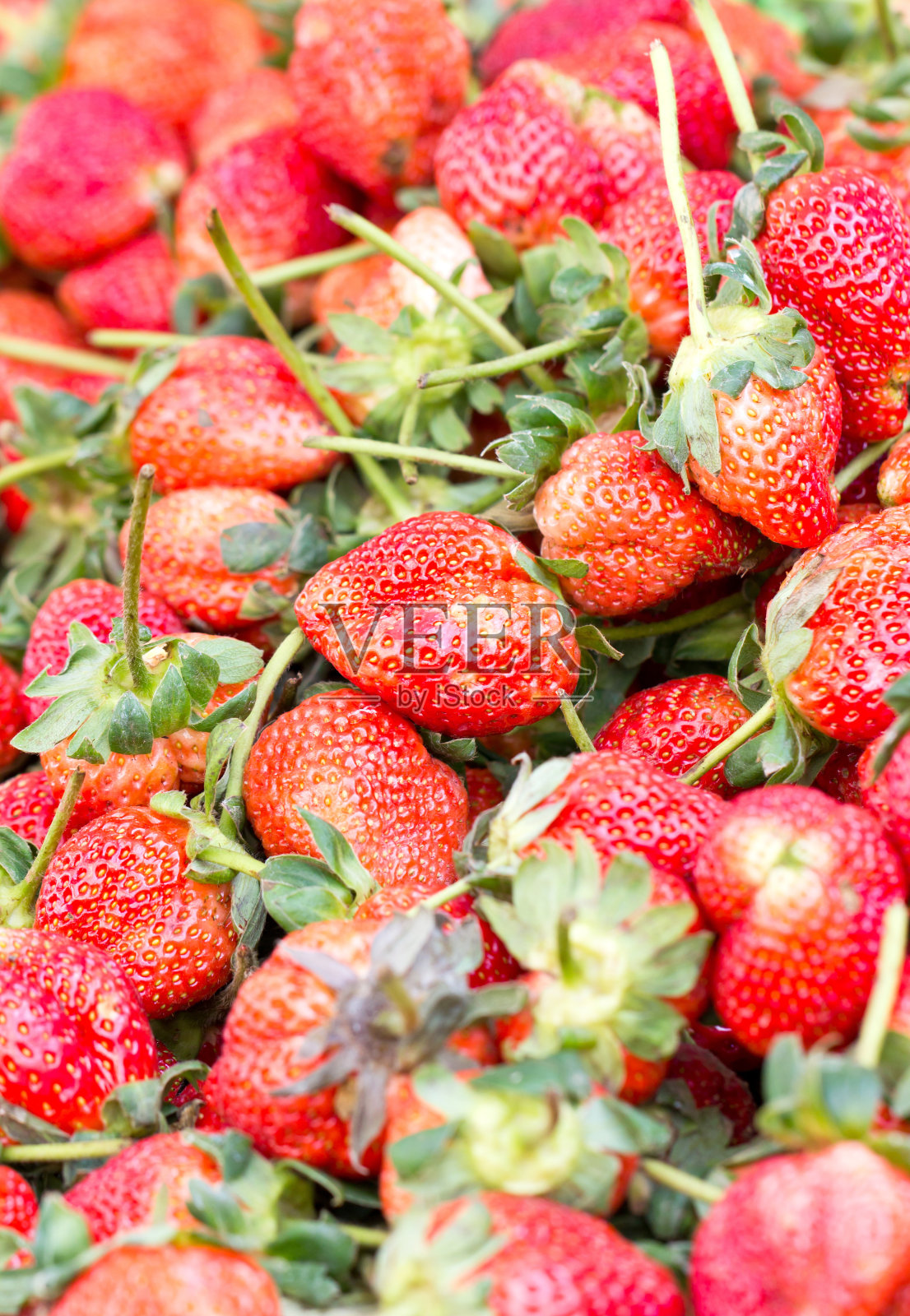 市场上的一堆新鲜草莓。照片摄影图片