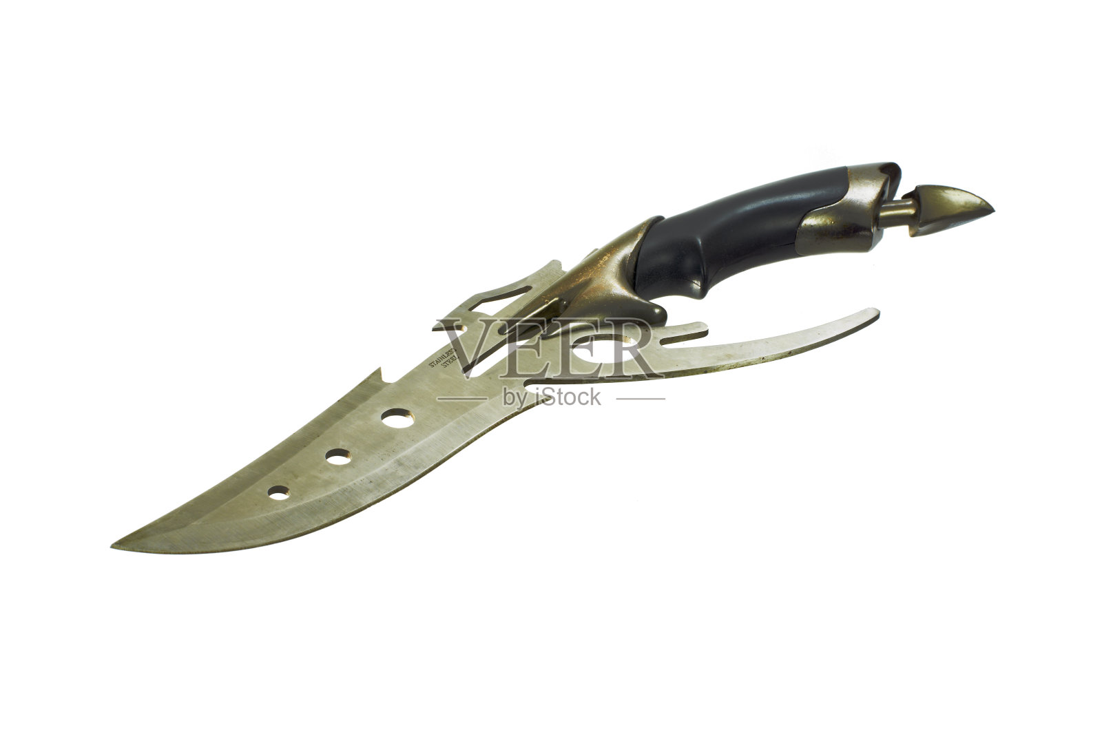 不锈钢刀片上的白色背景。照片摄影图片