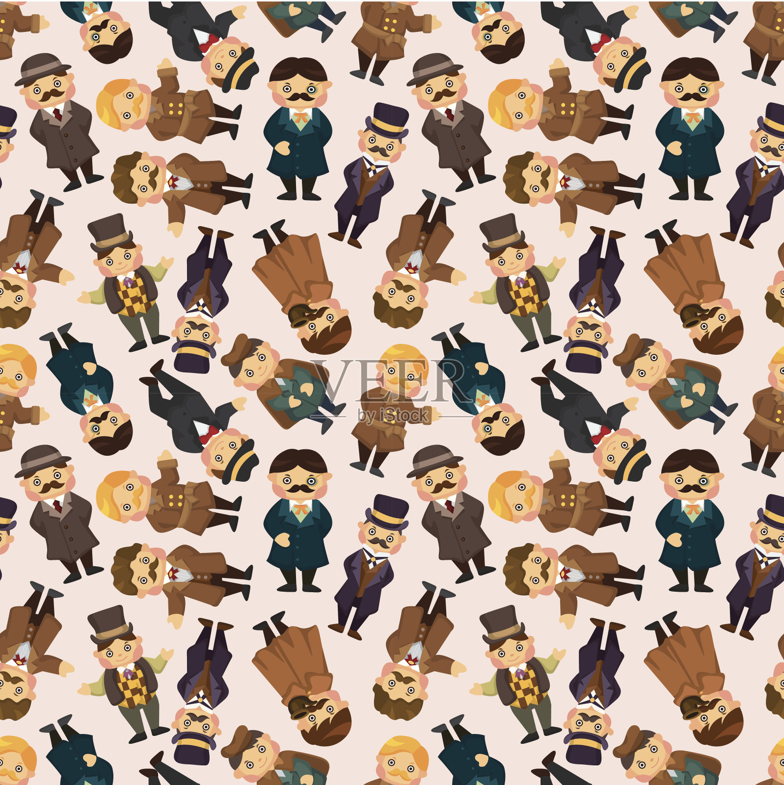 卡通复古绅士无缝图案插画图片素材