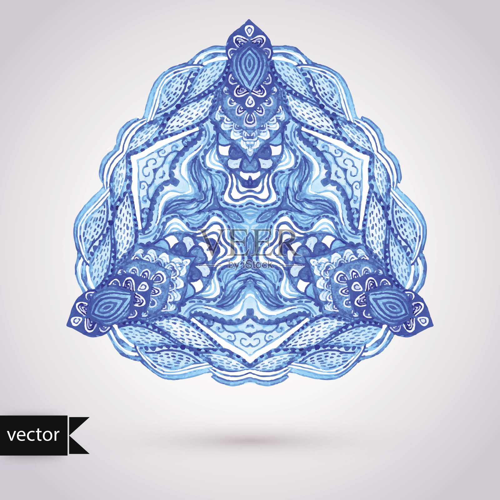 向量gzhel水彩。桌巾圆花边图案，圆背插画图片素材