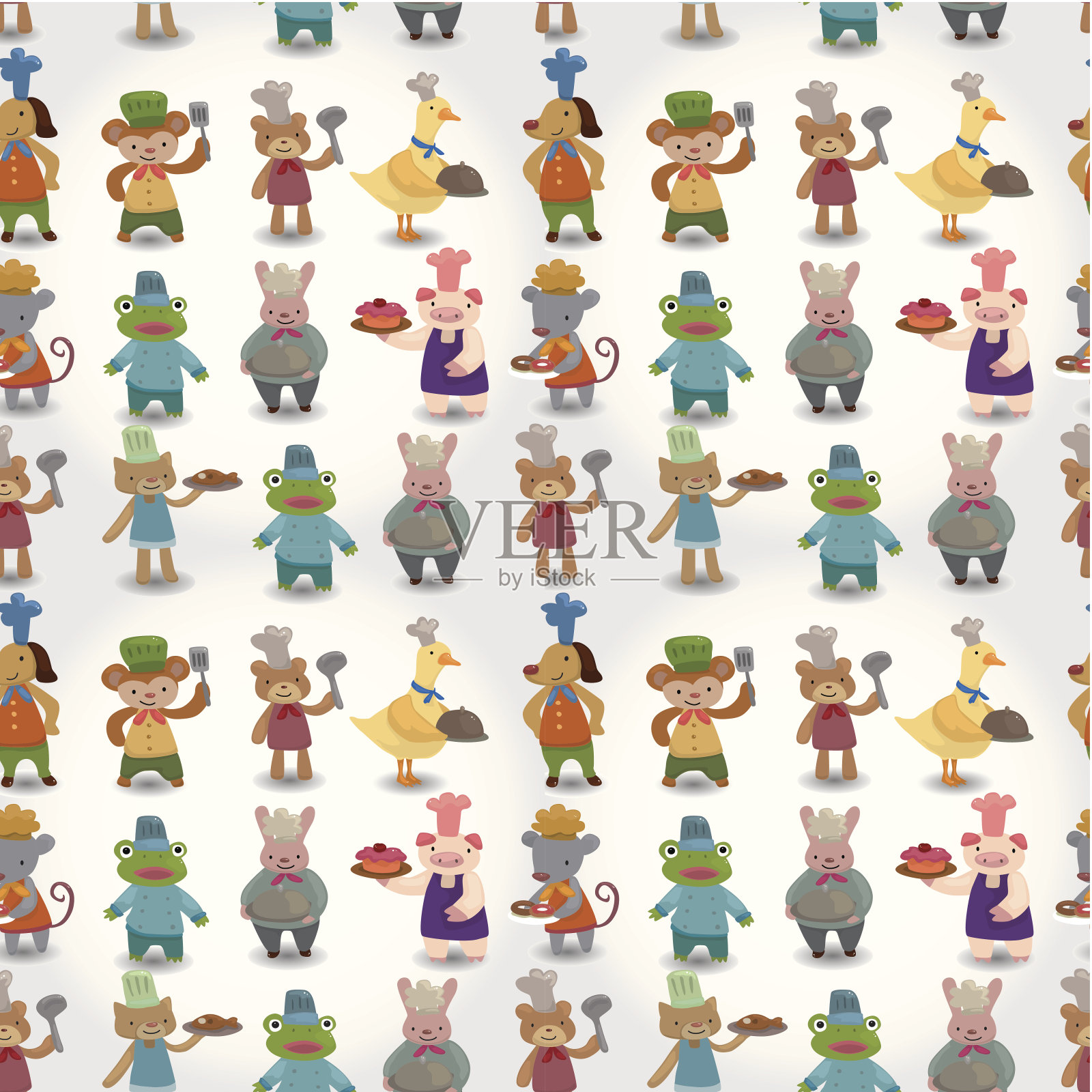 卡通动物厨师无缝图案插画图片素材