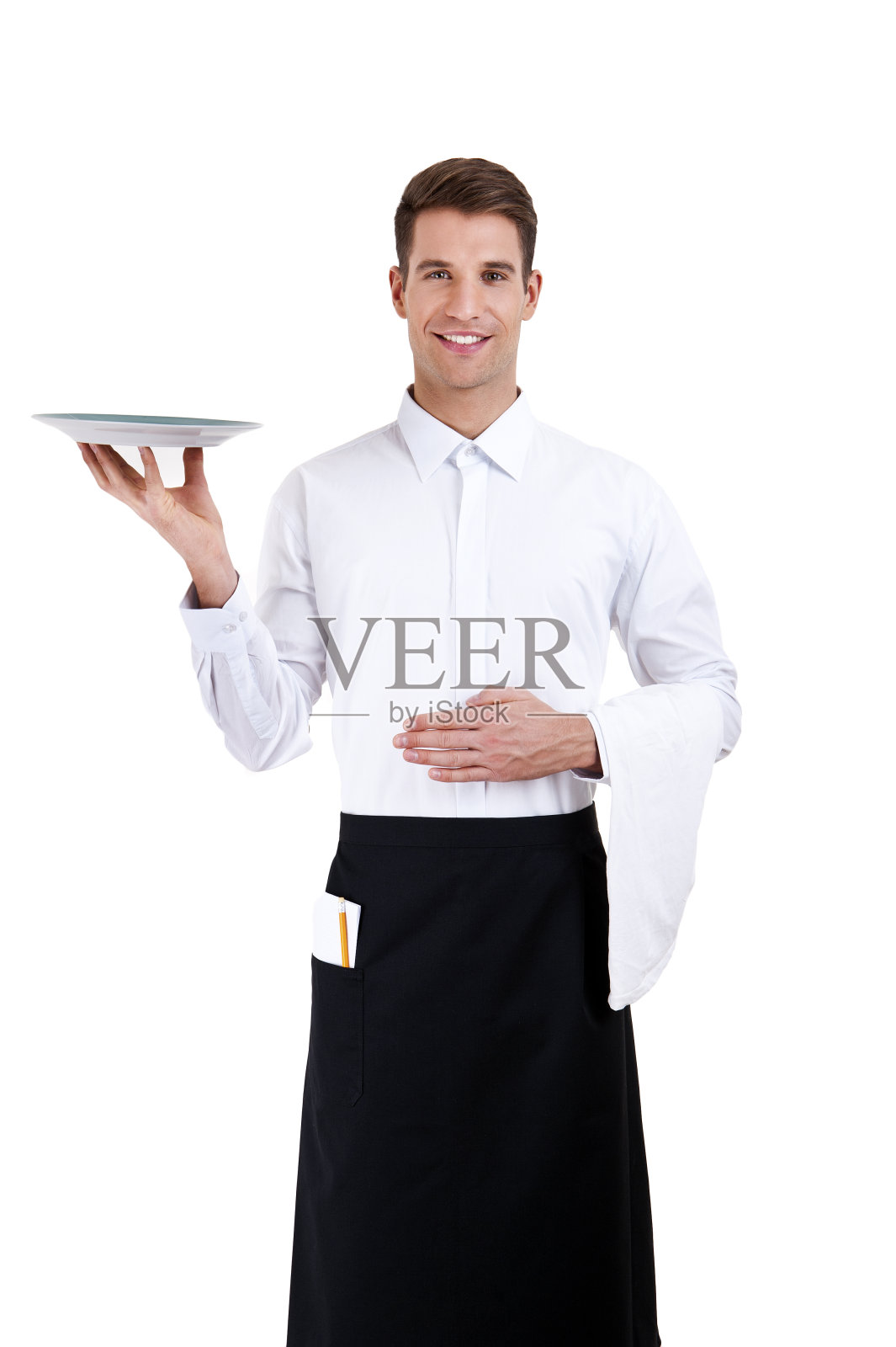 职业侍者拿着一个空盘子。孤立在白色照片摄影图片