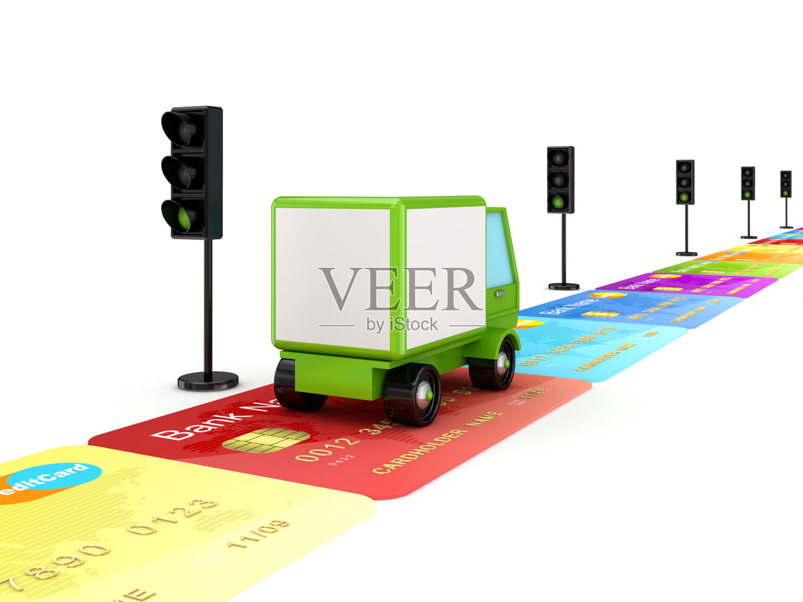 一辆用信用卡做成的绿色卡车。照片摄影图片