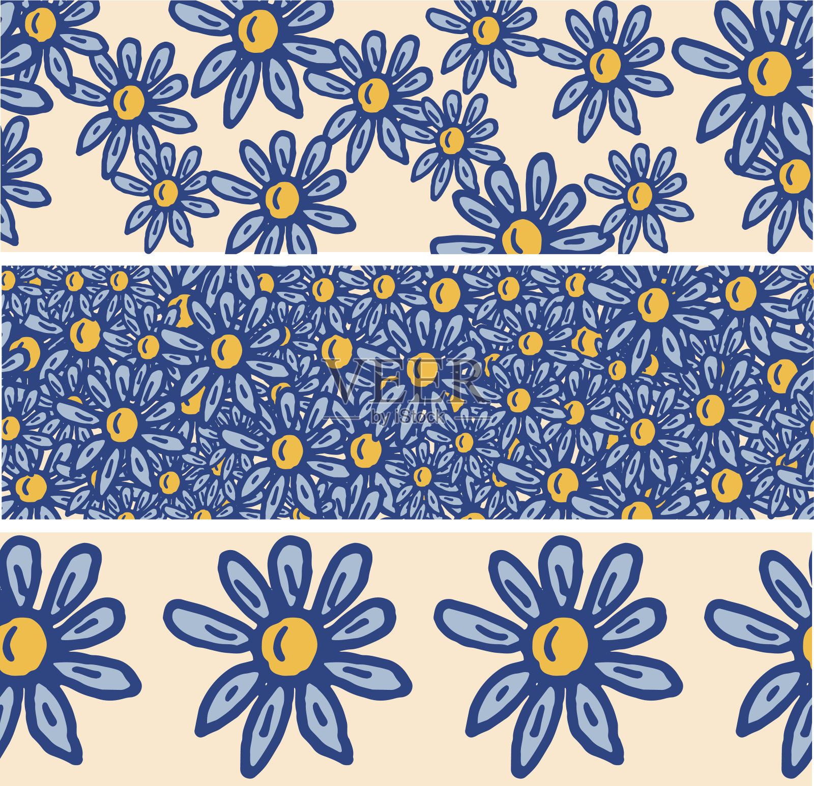 三套随机模式雏菊花水平重复横幅插画图片素材