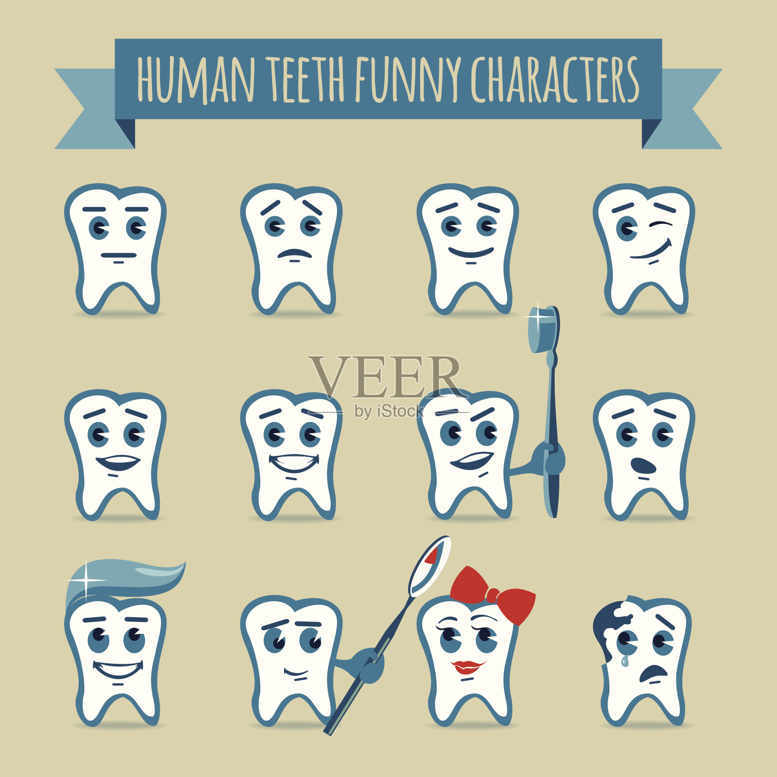 一组有趣的人类牙齿角色插画图片素材
