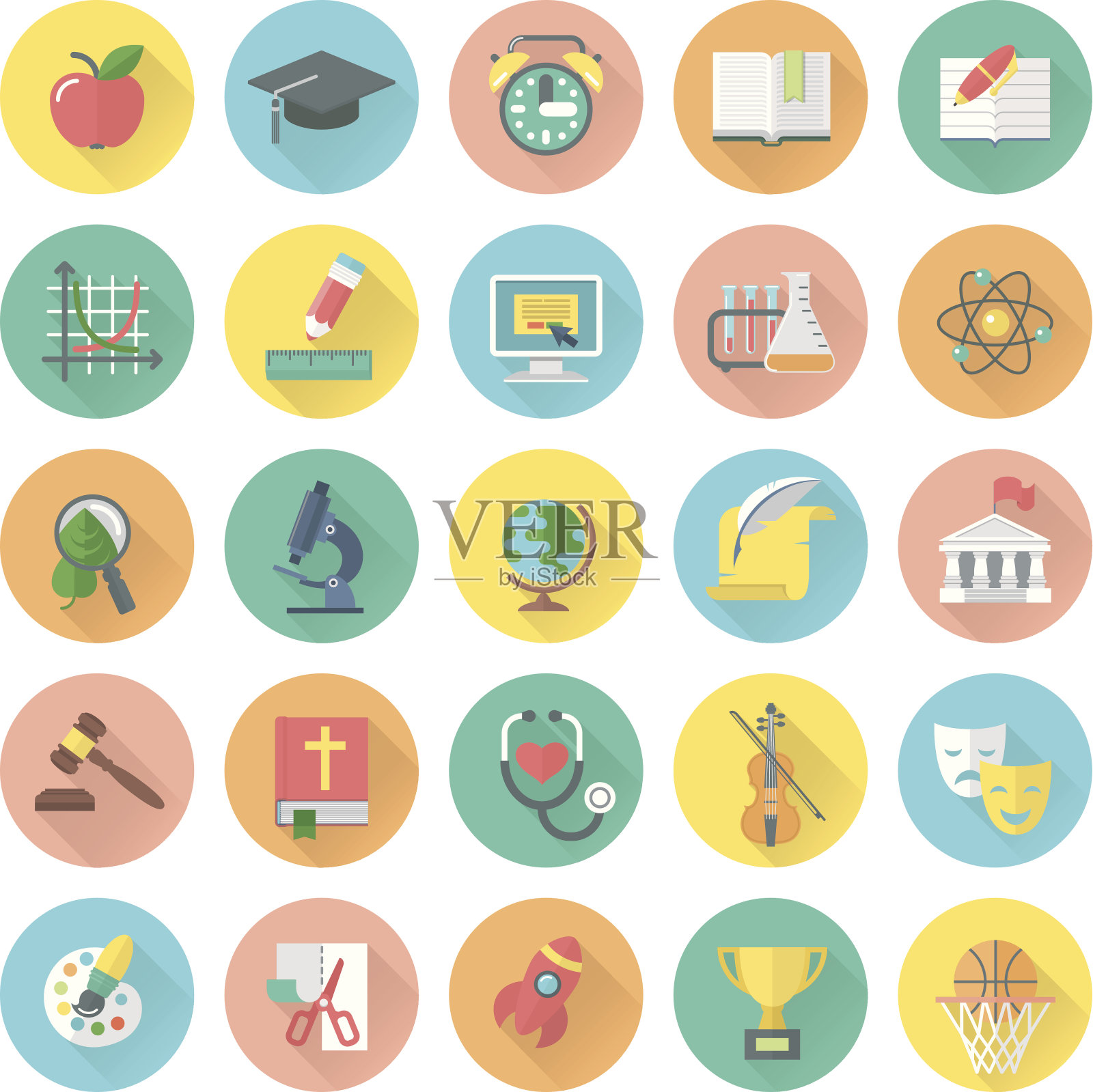 现代扁平圆形的学校科目图标和教育符号图标素材