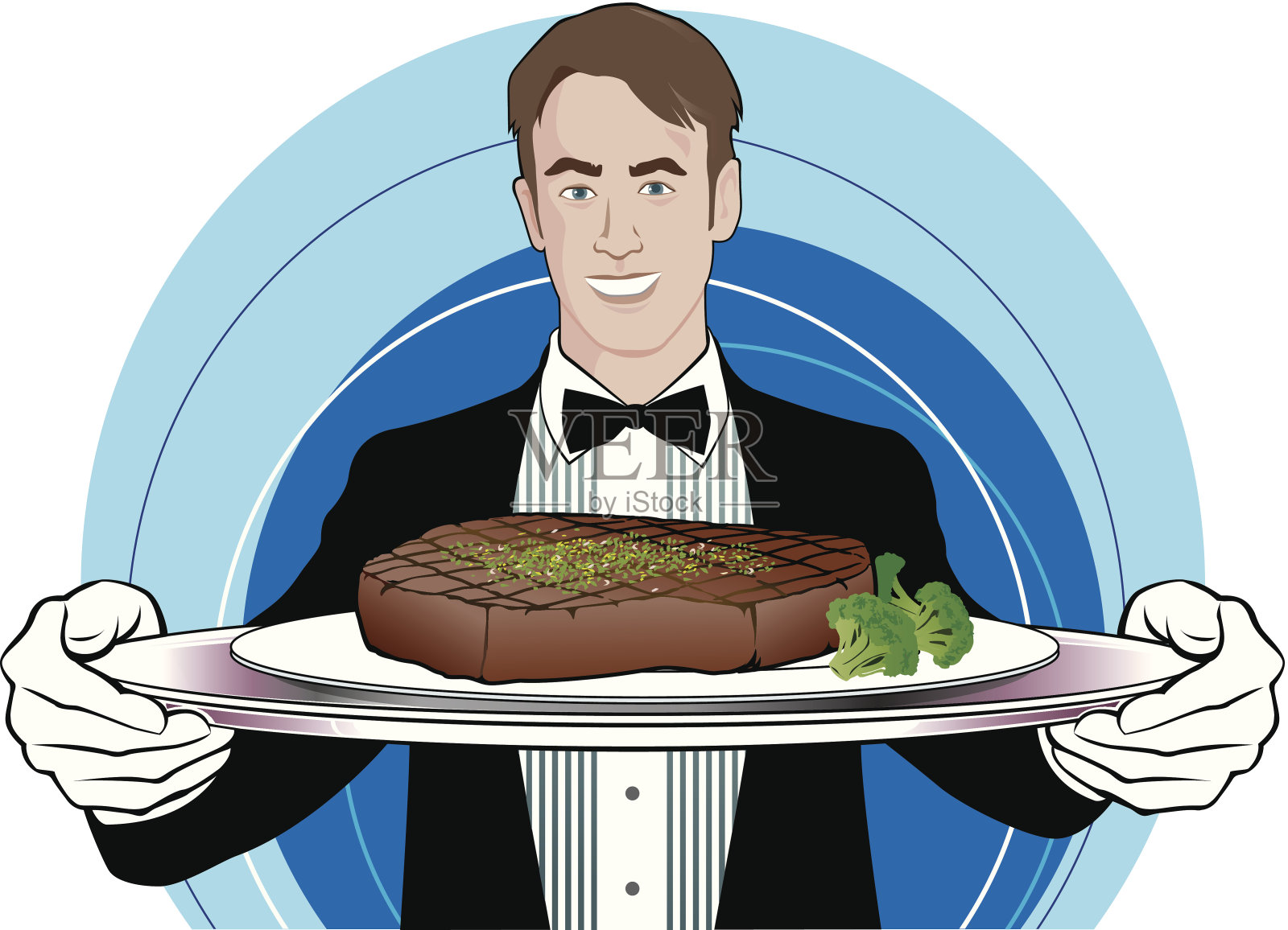 侍者托盘牛排C插画图片素材