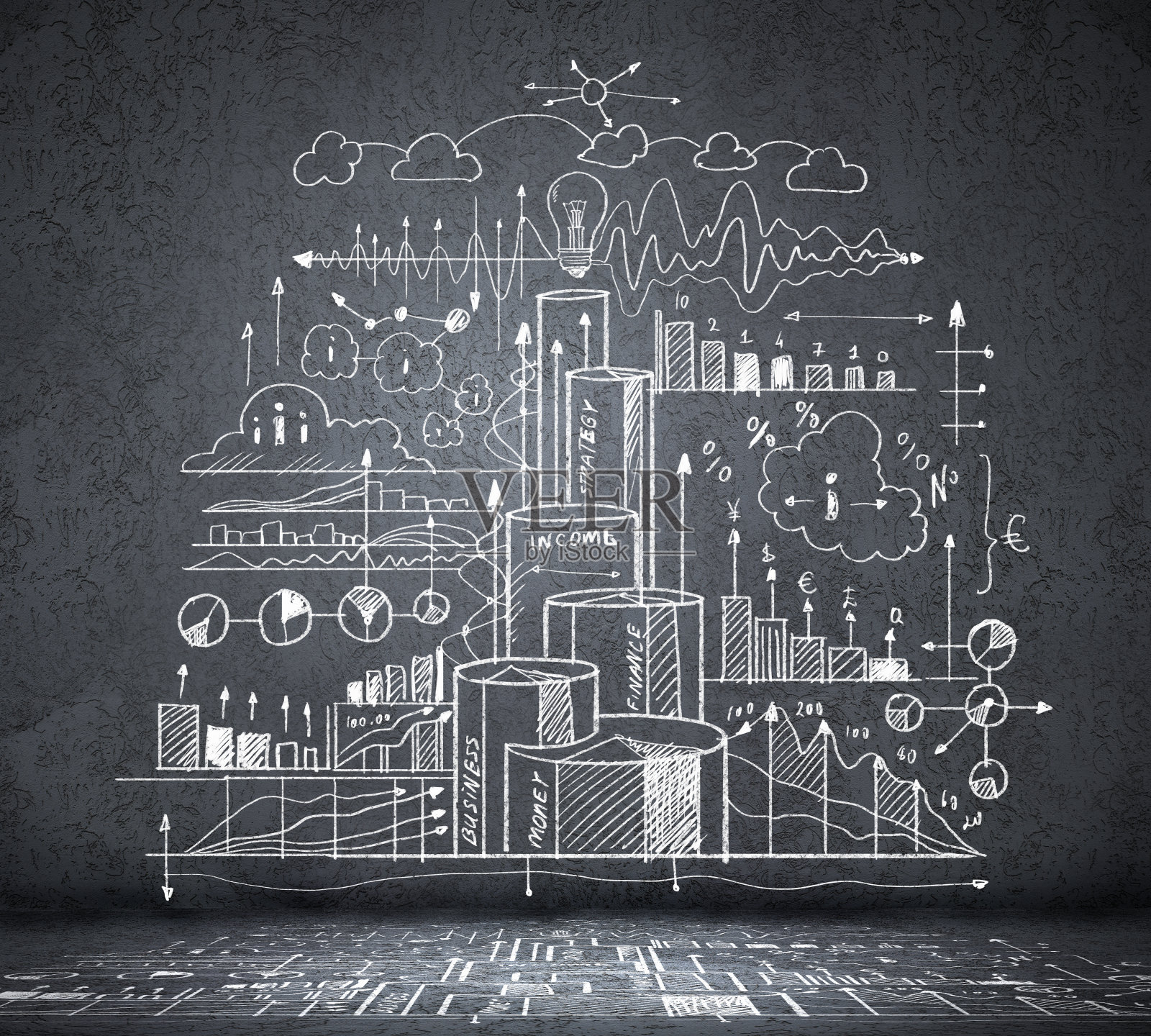 商业草图在黑色的墙上照片摄影图片