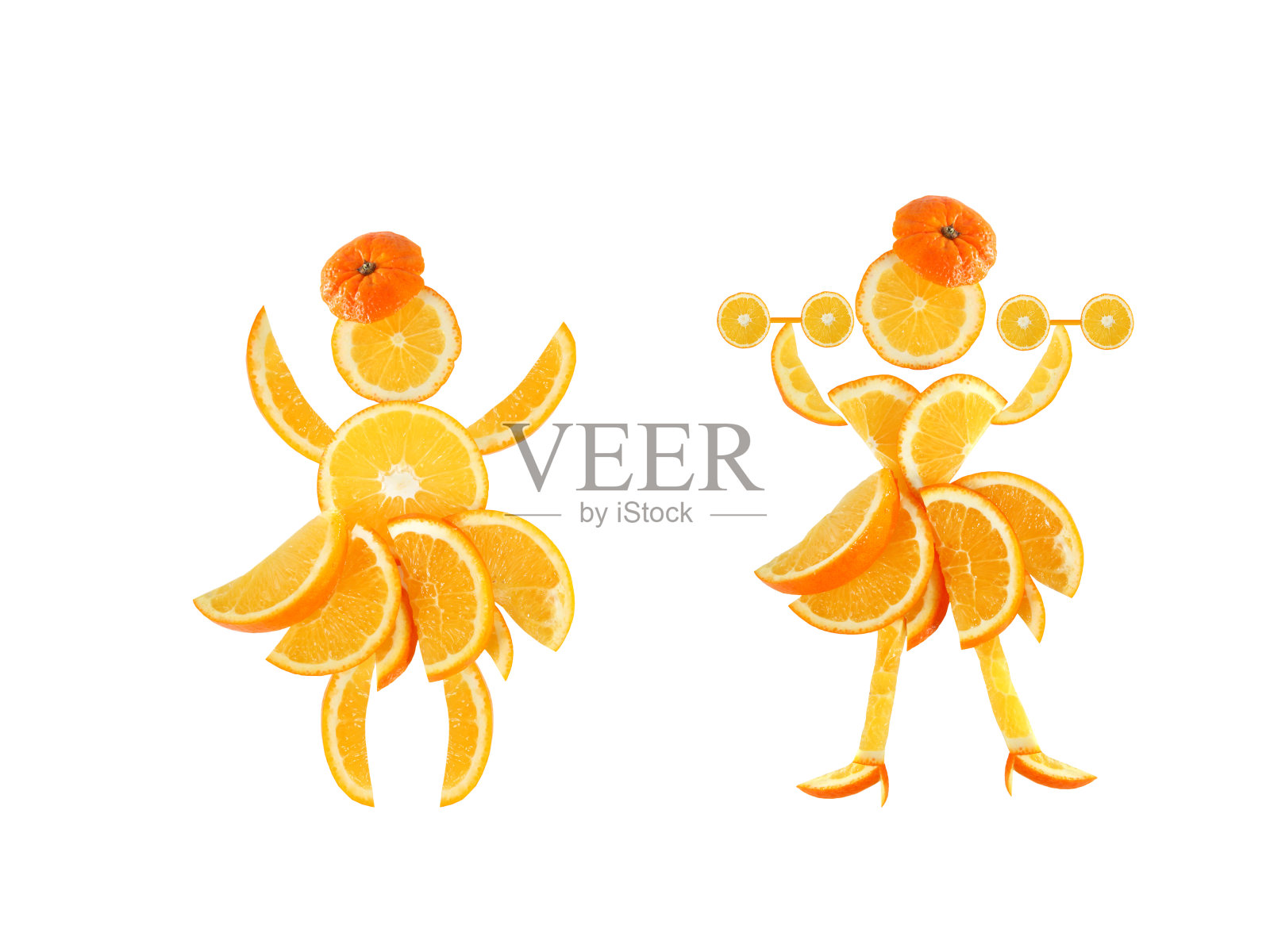 两个用橘子片做成的有趣的小女人插画图片素材