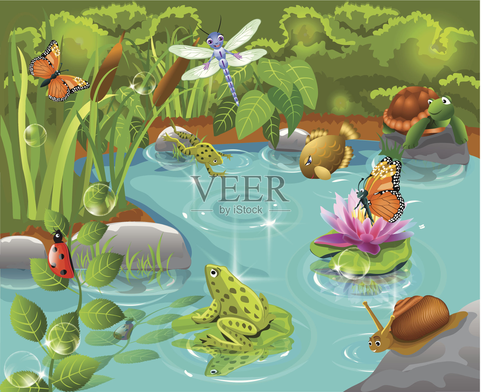 生活在池塘里的动物插画图片素材