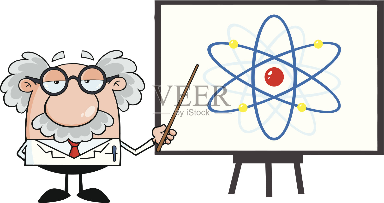 有趣的教授用指针展示一个原子图插画图片素材