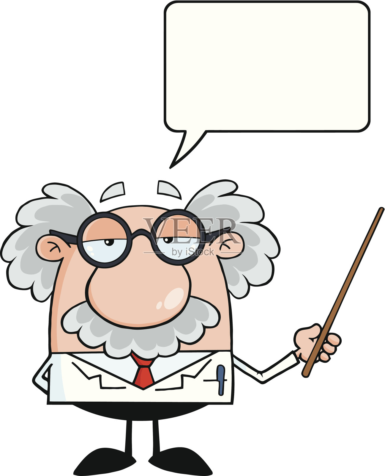 滑稽的教授拿着一个带有语音泡泡的指针插画图片素材