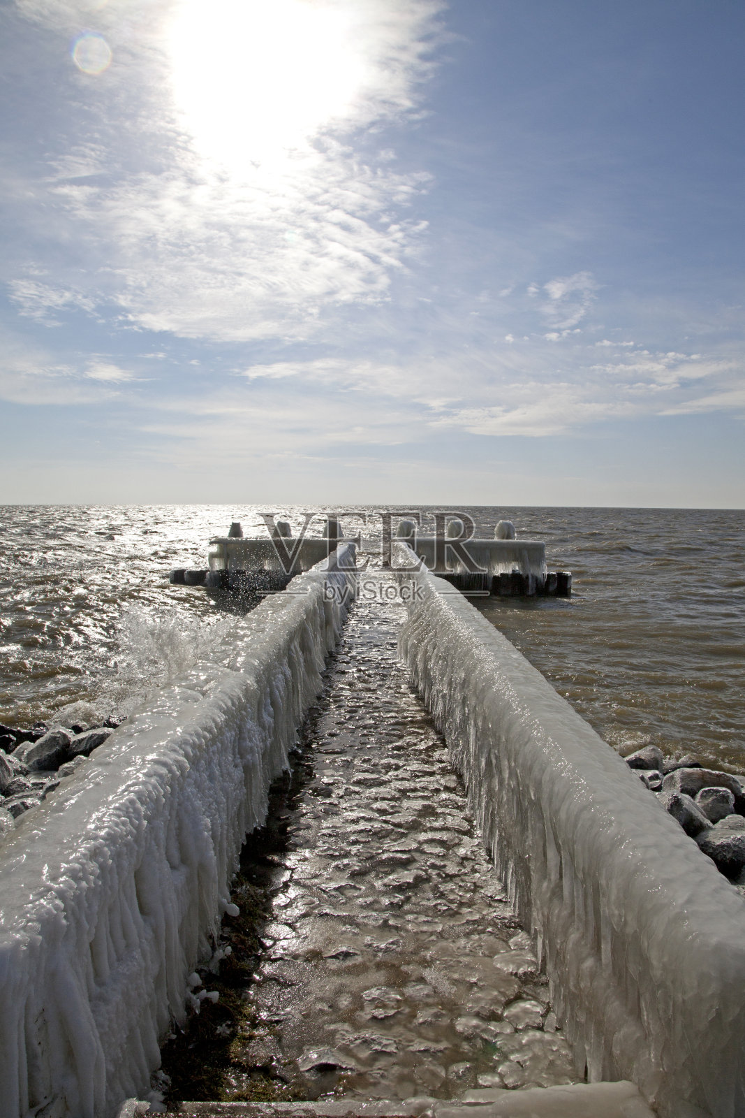 阿夫鲁伊迪克冰冻的莫洛——荷兰的主要堤道照片摄影图片