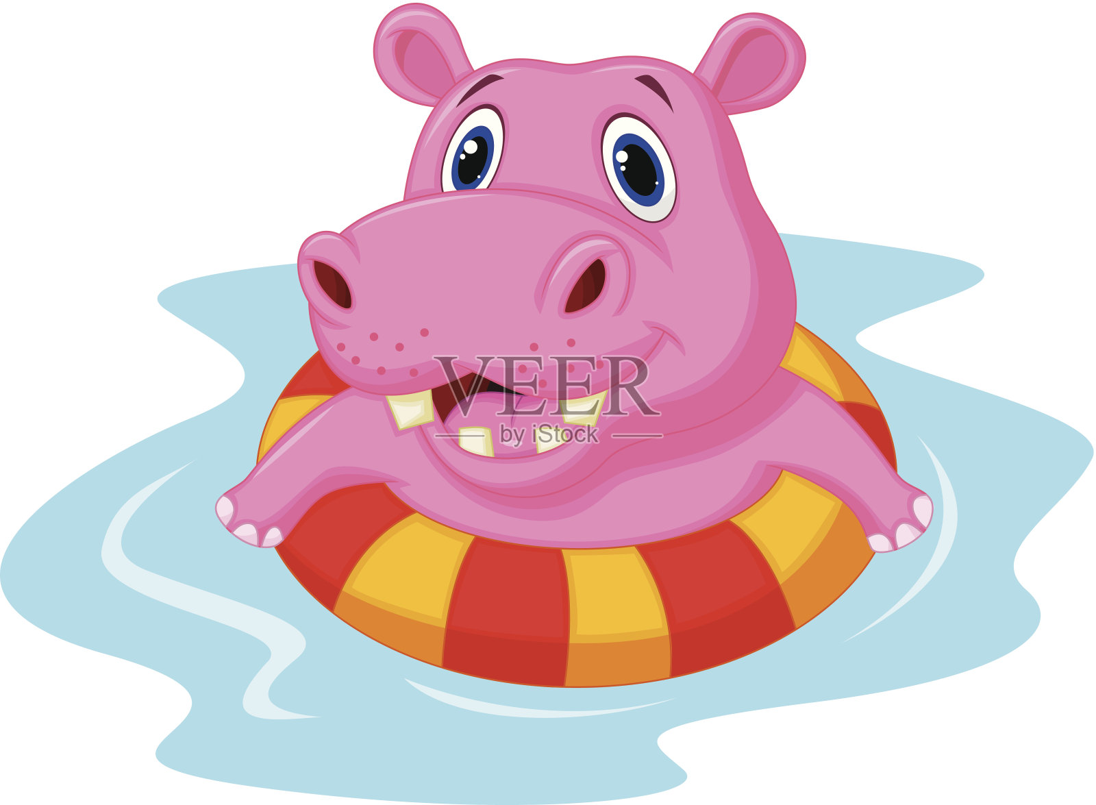 河马卡通漂浮在一个充气圈在游泳池插画图片素材
