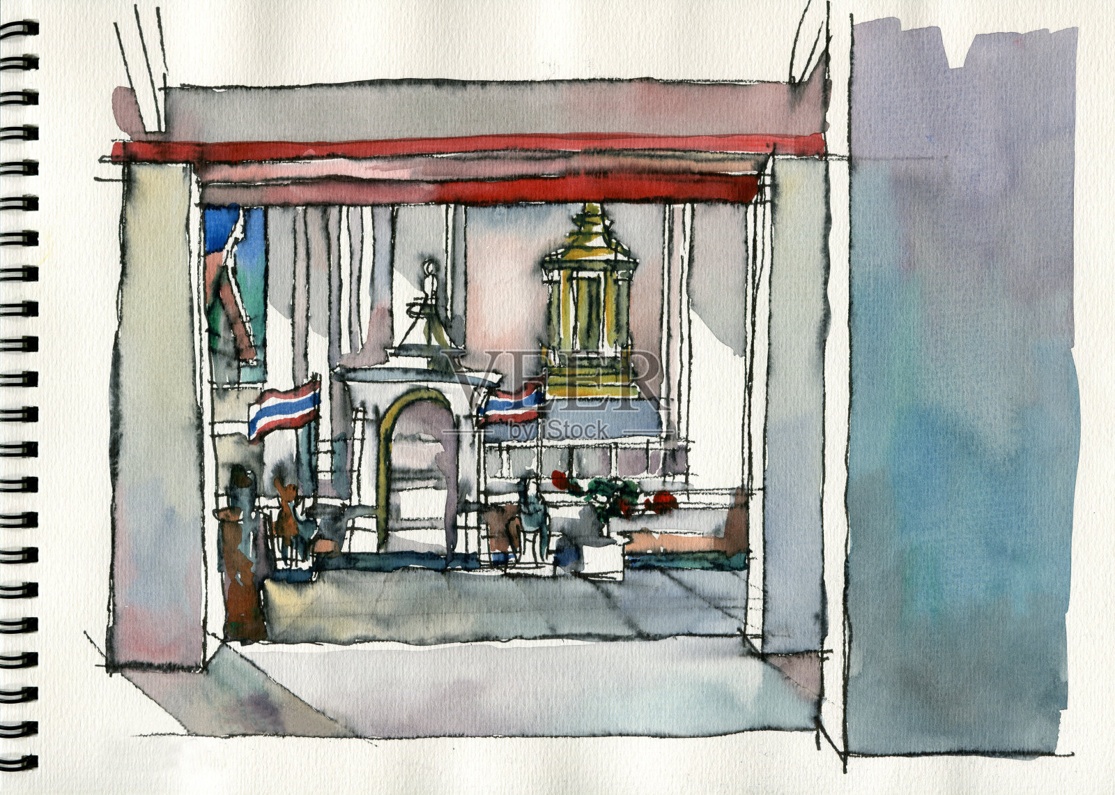 泰国寺庙、水彩画及绘画插画插画图片素材