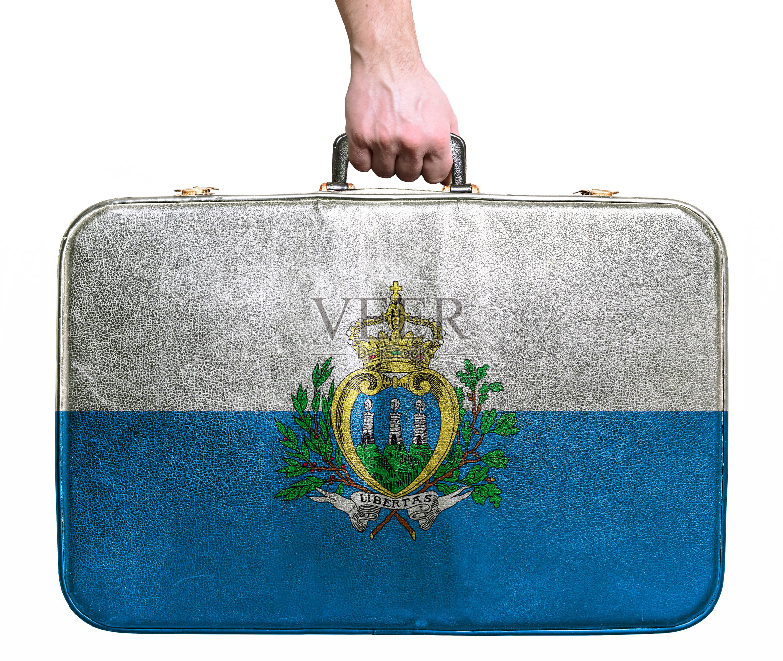 游客手握圣马力诺旗的复古旅行袋照片摄影图片