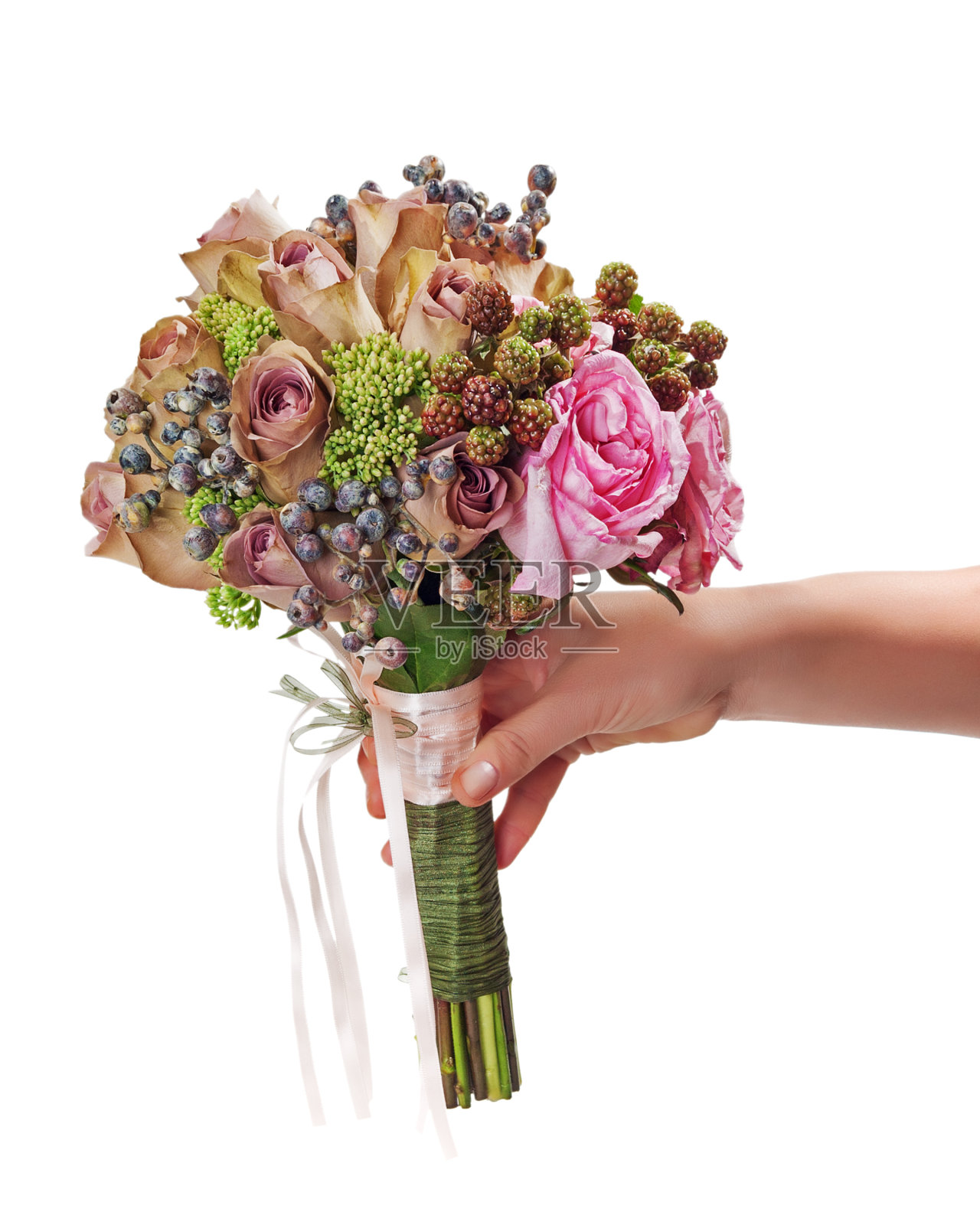 手捧的新娘花束孤立在白色背景上。照片摄影图片