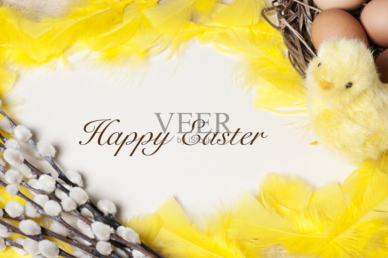 复活节背景——窝里的蛋和小鸡照片摄影图片