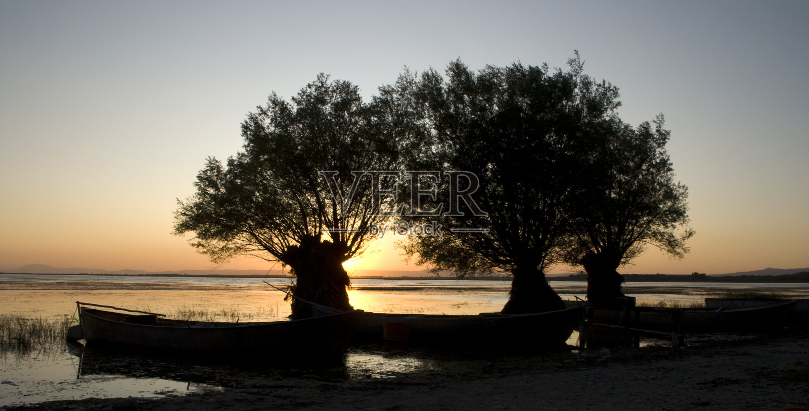夕阳下的小船和树木照片摄影图片