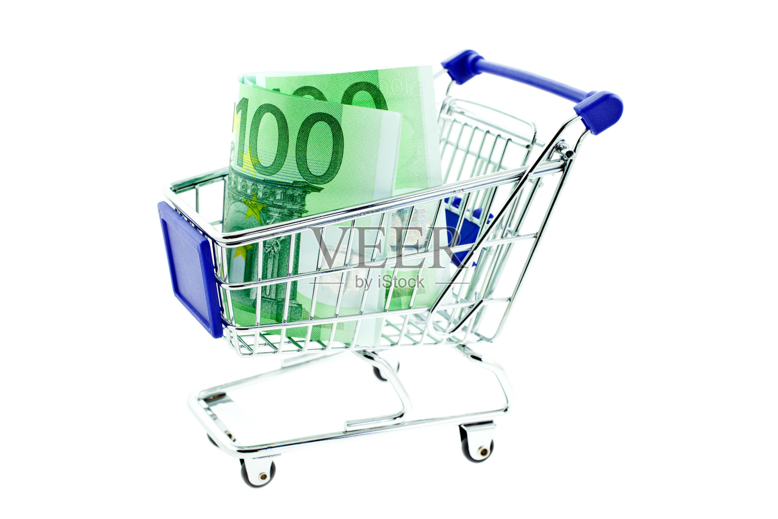 购物手推车与100欧元纸币隔离照片摄影图片