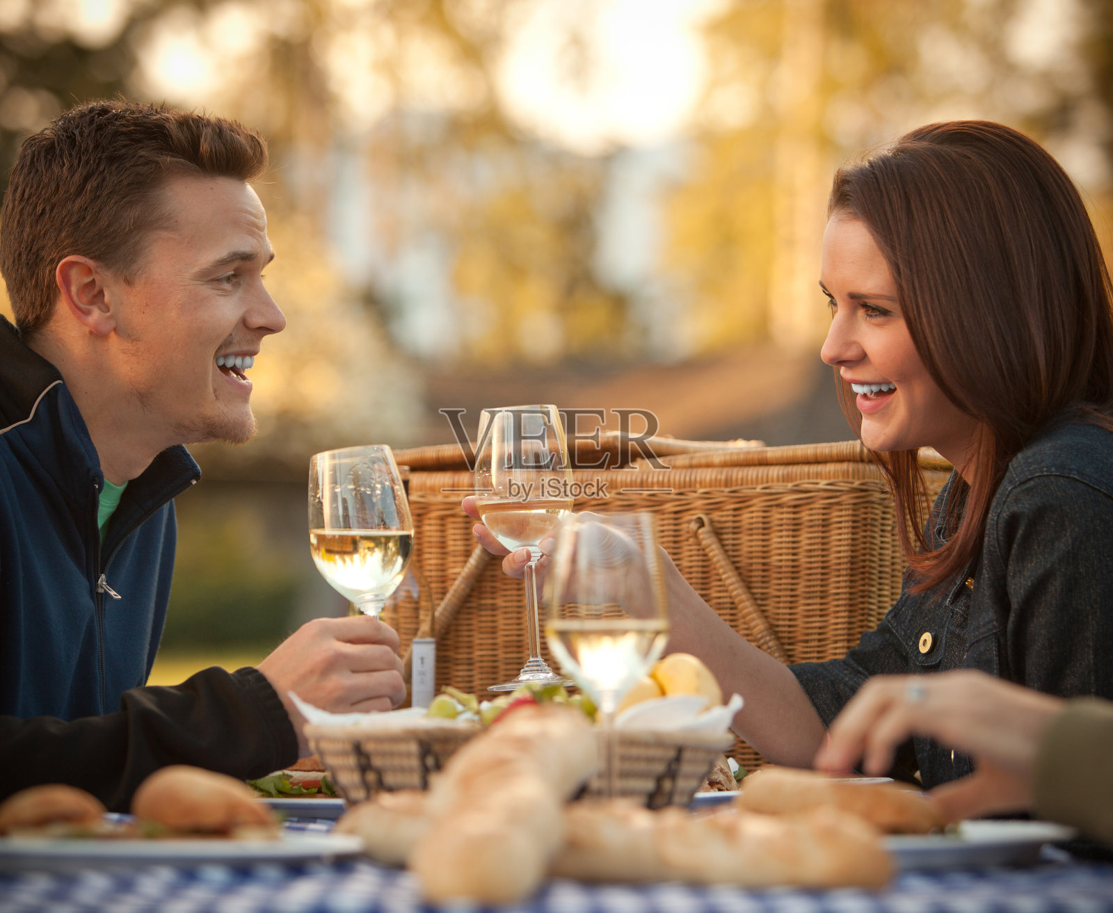 幸福的年轻夫妇在野餐桌上祝酒照片摄影图片