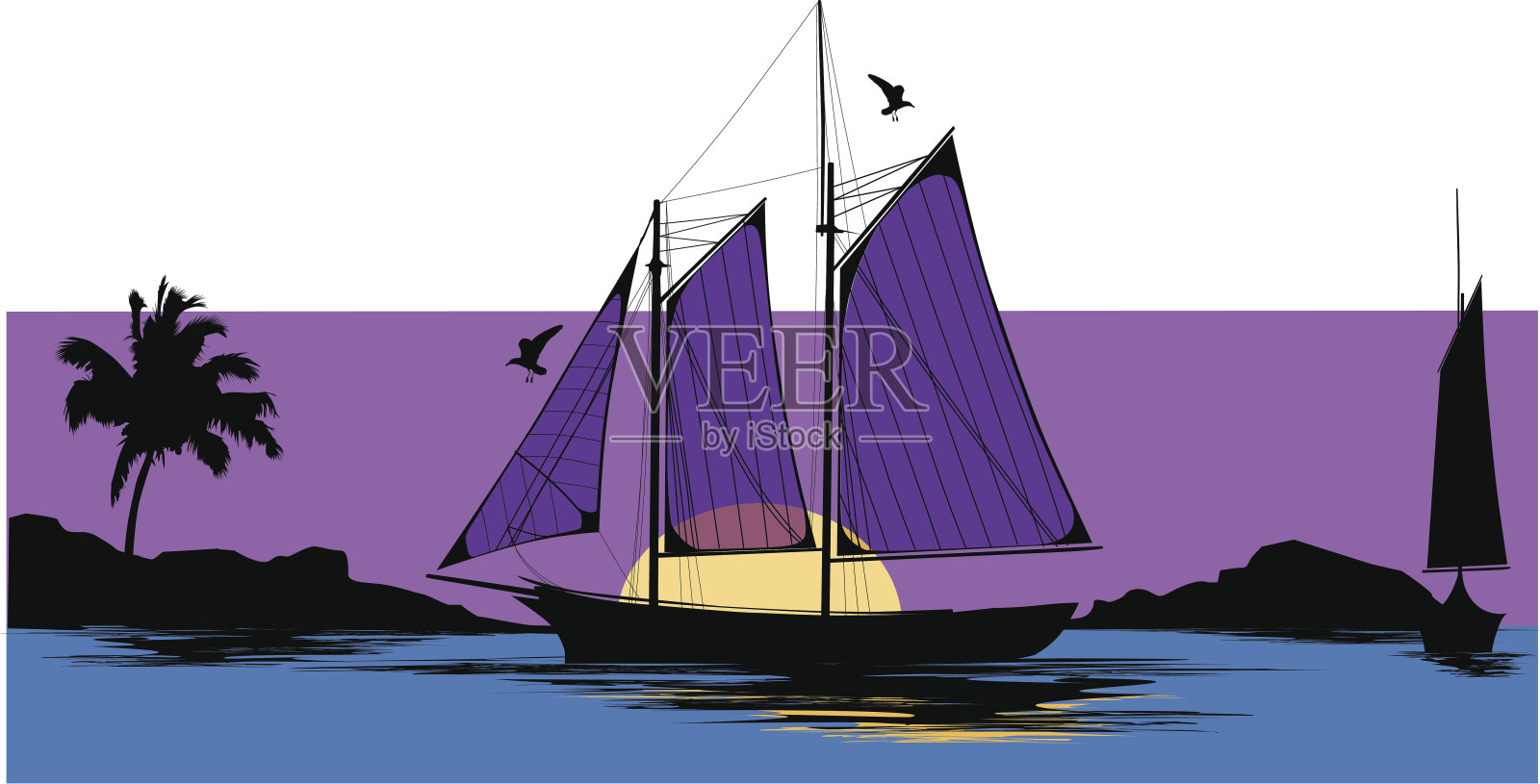 船在日落插画图片素材
