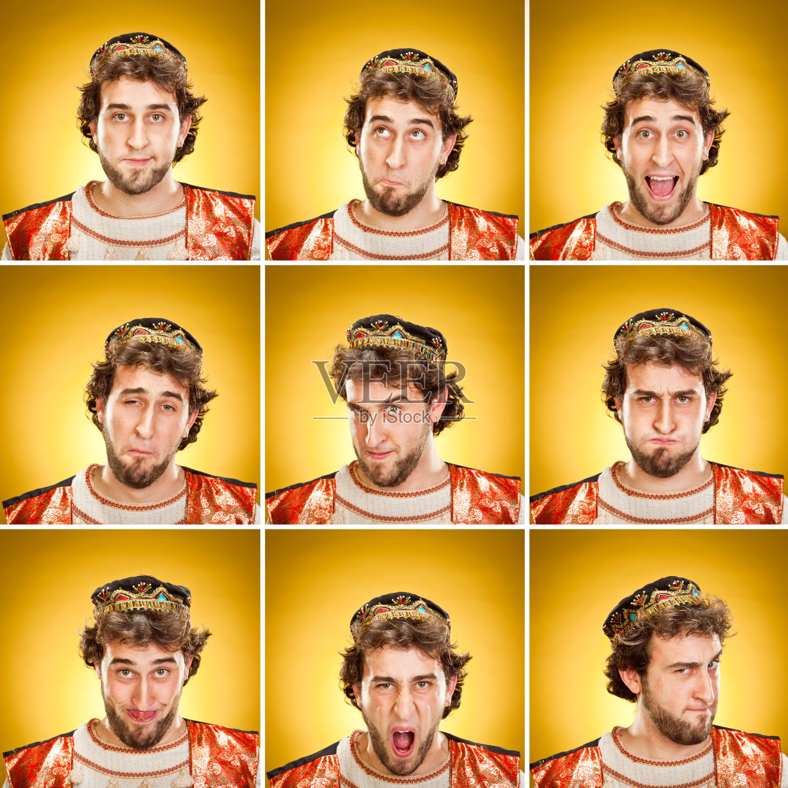 黄色背景上留着胡子的年轻法师肖像表情照片摄影图片