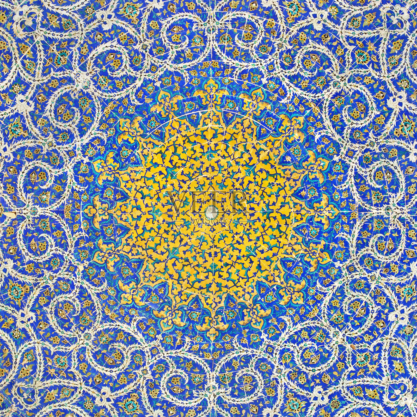 清真寺蓝色瓷砖上的伊斯兰波斯图案照片摄影图片