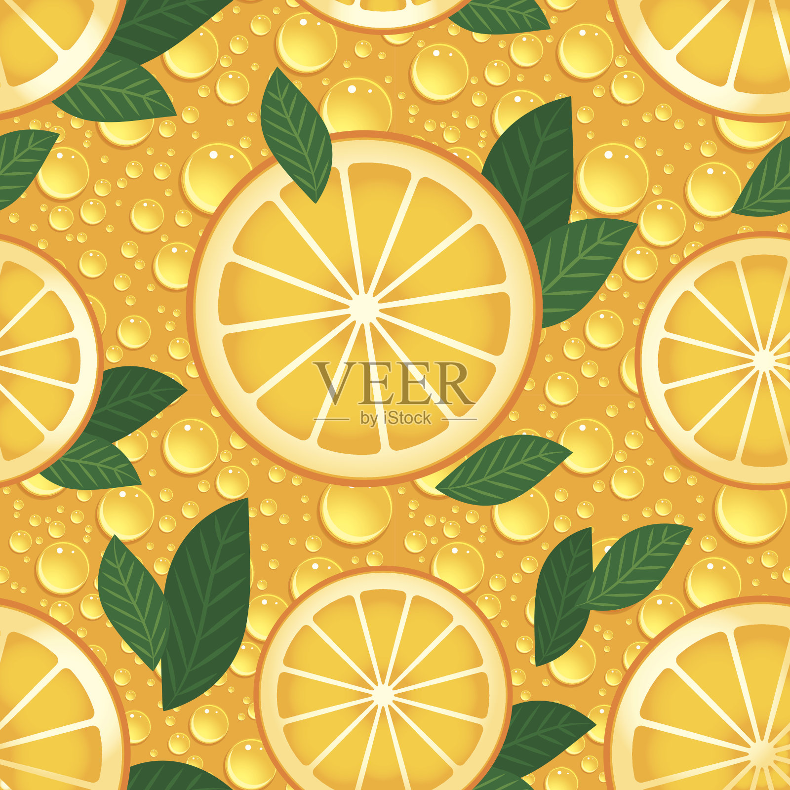 橙色与绿色的叶子无缝图案。向量。插画图片素材